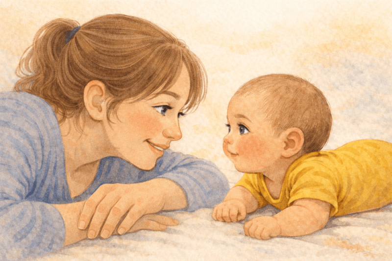 Baby doing tummy time on floor with mother at eye level — developmental activity for 1 month old