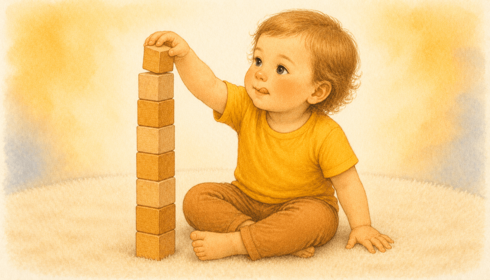 Two-year-old reaching up to place the final block on a tall wooden tower — stacking activities for a 2 year old building focus and cause-and-effect thinking