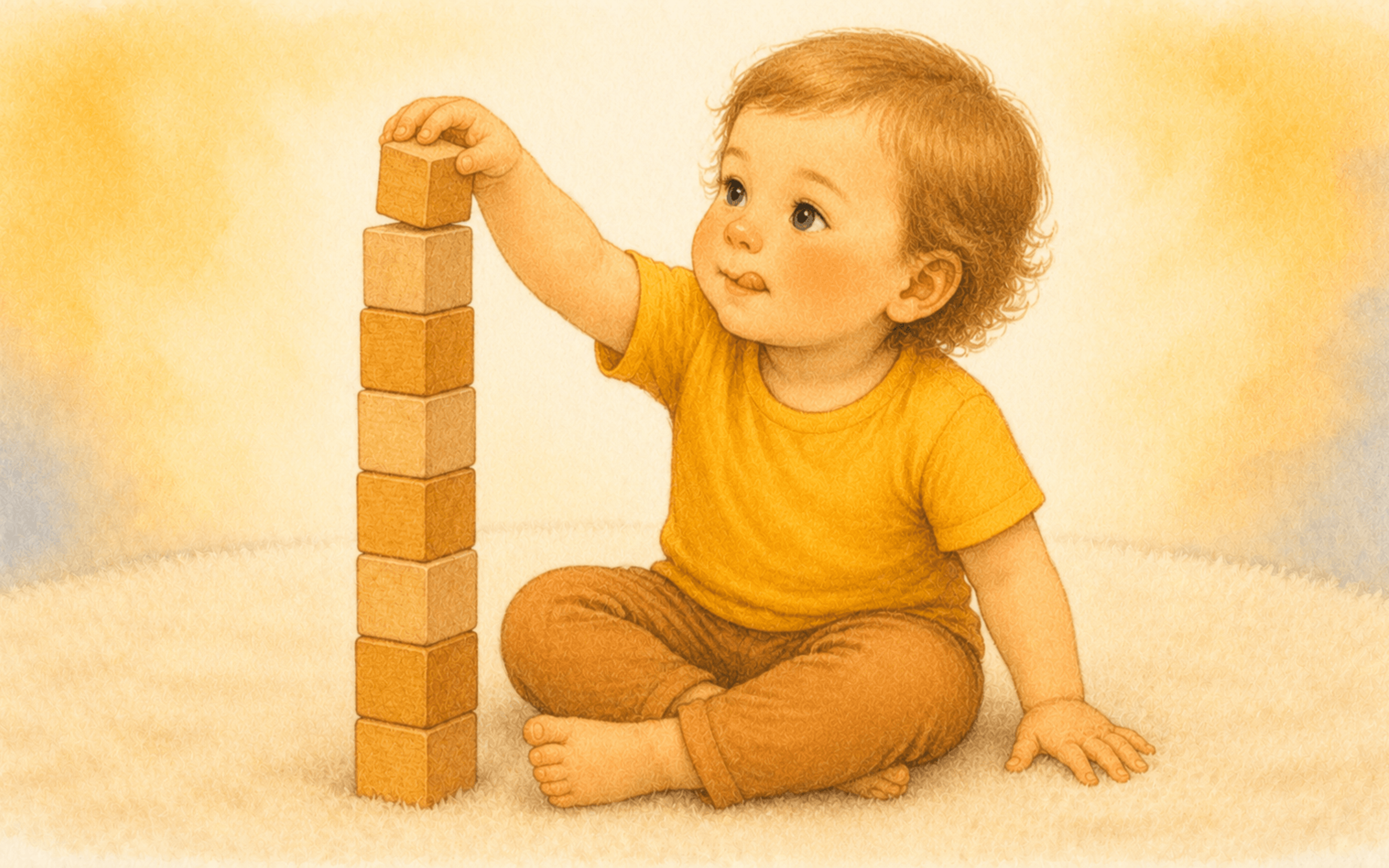Two-year-old reaching up to place the final block on a tall wooden tower — stacking activities for a 2 year old building focus and cause-and-effect thinking