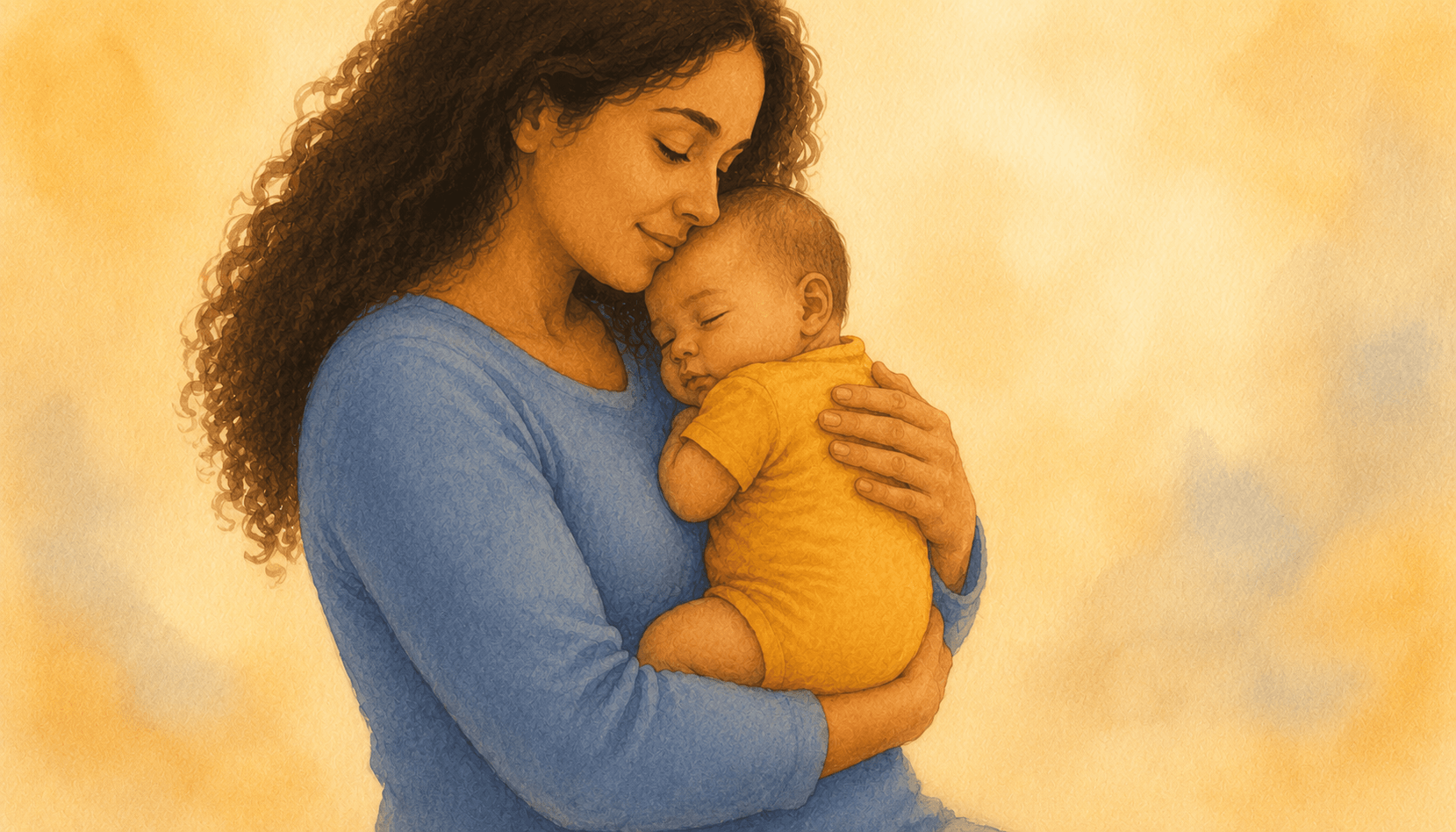 Mother with olive skin and dark wavy hair cradling her newborn in the crook of her arm beside a dry sponge and cloth — illustrating newborn care basics at home