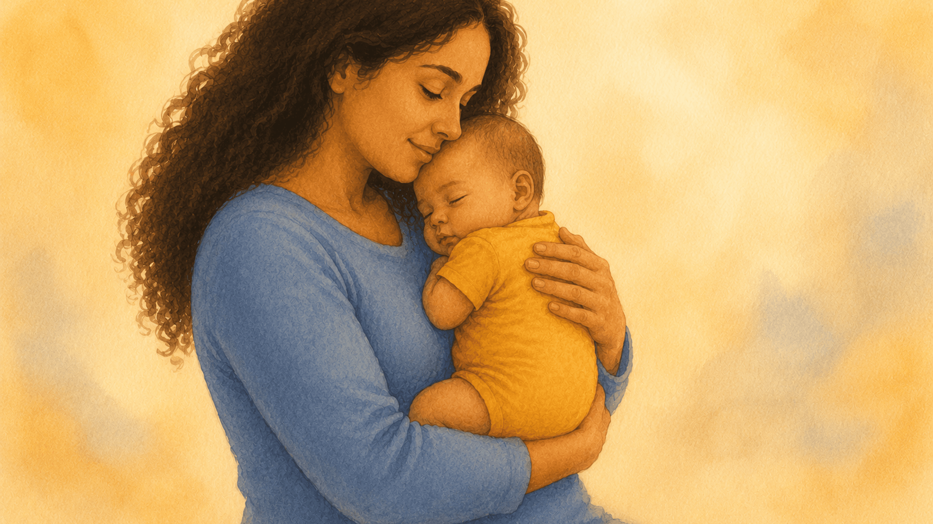 Mother with olive skin and dark wavy hair cradling her newborn in the crook of her arm beside a dry sponge and cloth — illustrating newborn care basics at home