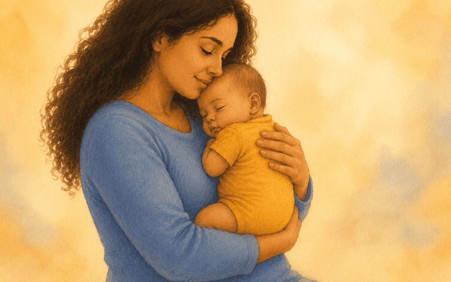 Mother with olive skin and dark wavy hair cradling her newborn in the crook of her arm beside a dry sponge and cloth — illustrating newborn care basics at home