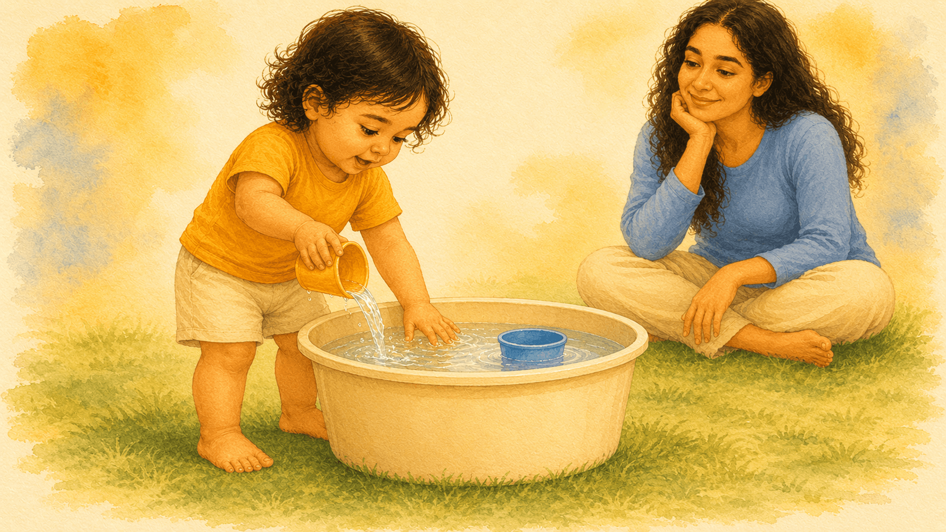 22-month-old toddler standing beside an outdoor water tub, pouring with a cup — water play activity supporting motor development in toddlers