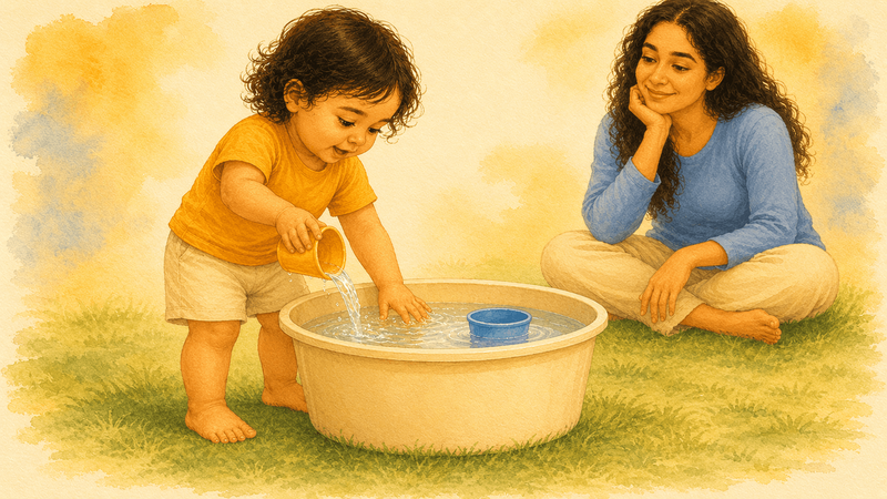 22-month-old toddler standing beside an outdoor water tub, pouring with a cup — water play activity supporting motor development in toddlers