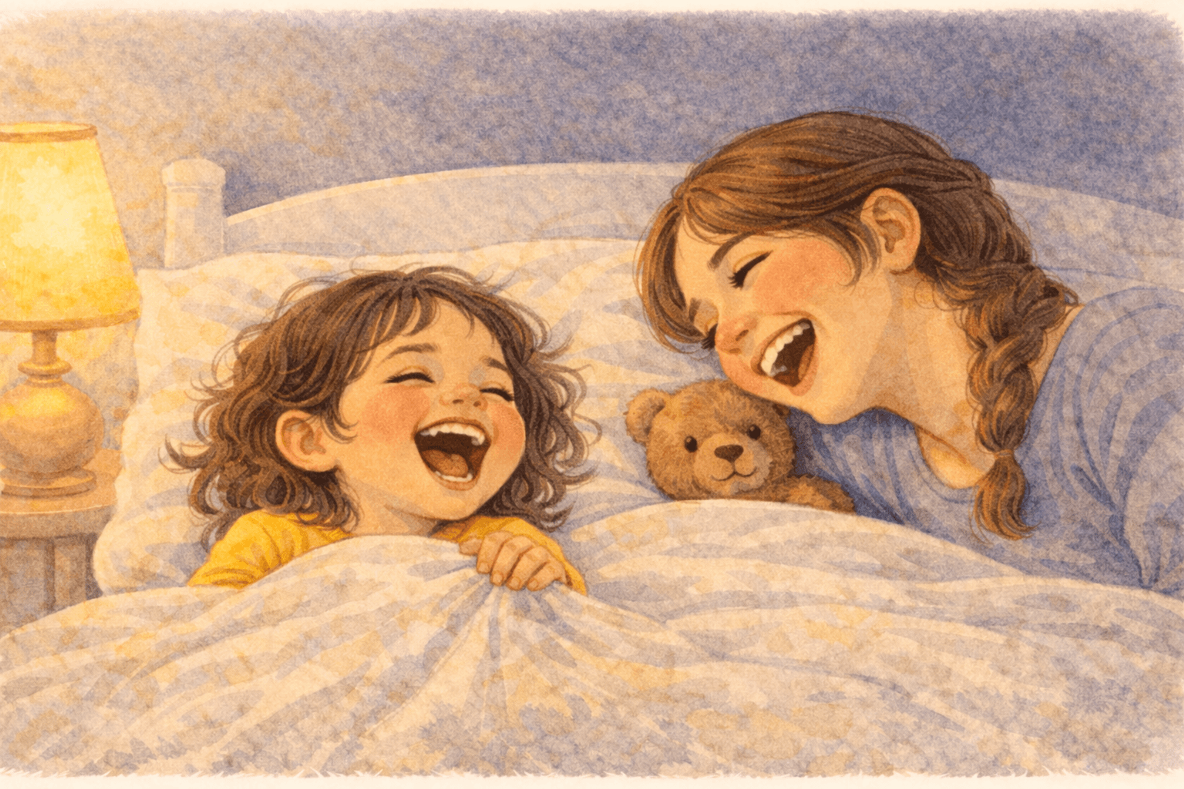 Mother and preschooler laughing together in bed at bedtime — joyful bedtime conversation