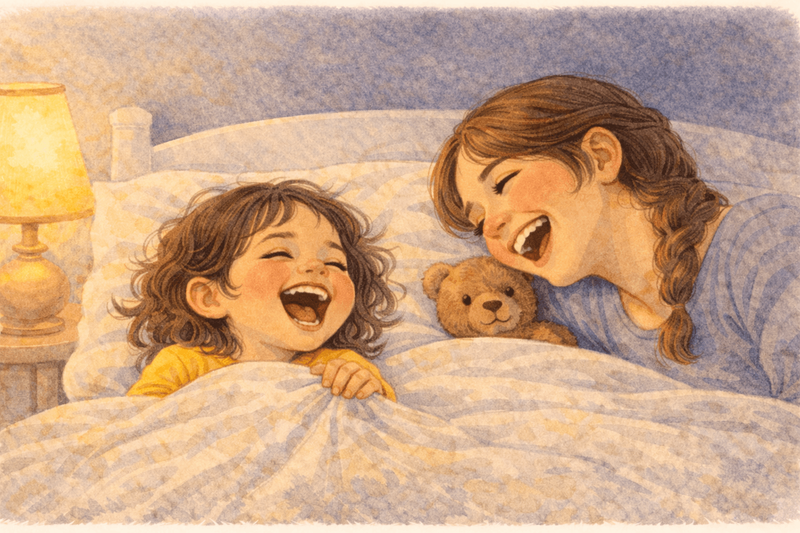 Mother and preschooler laughing together in bed at bedtime — joyful bedtime conversation