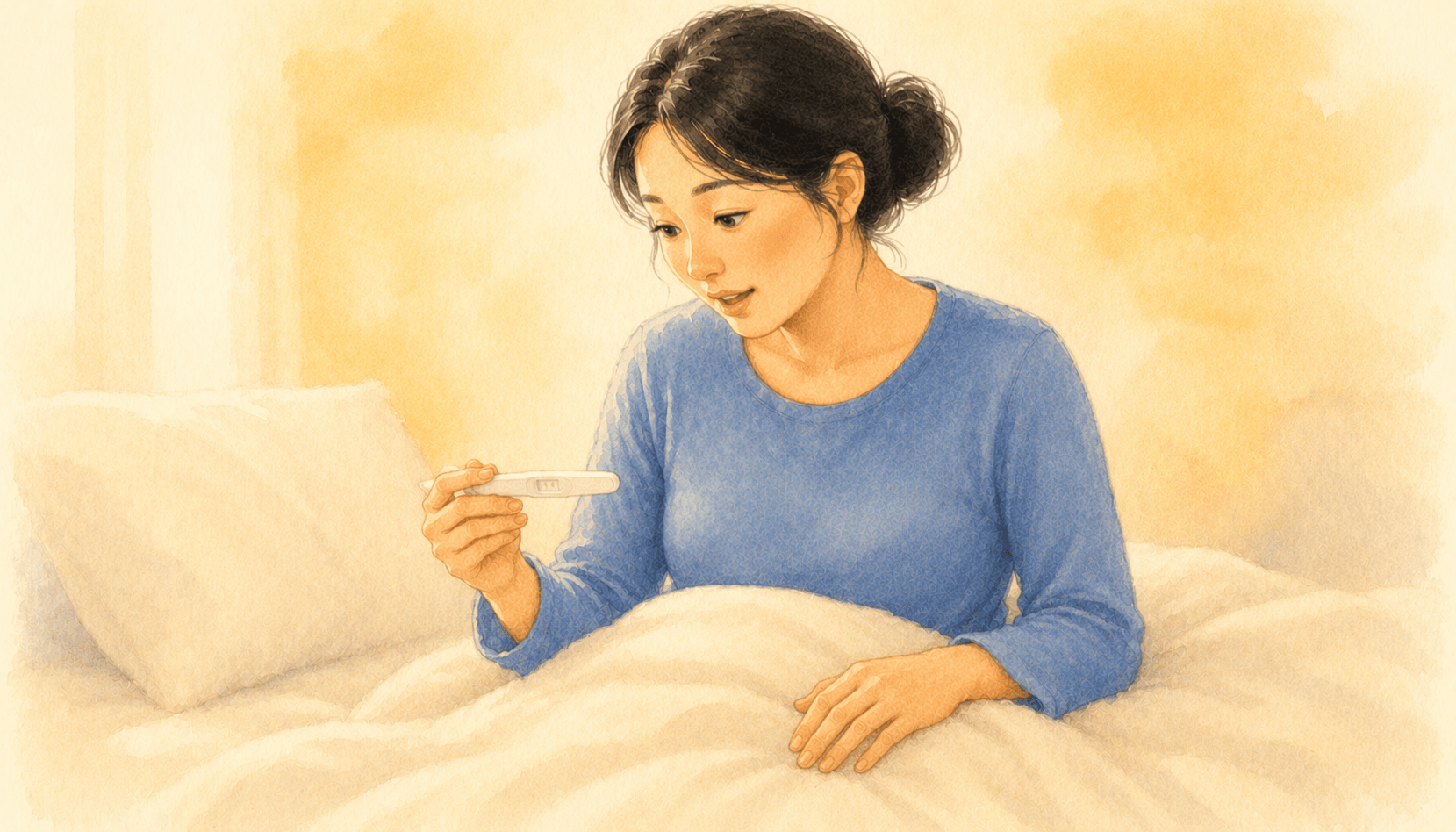 Woman in early pregnancy sitting on a bed, looking at a positive pregnancy test — illustrating how prenatal brain development begins before most women know they're pregnant