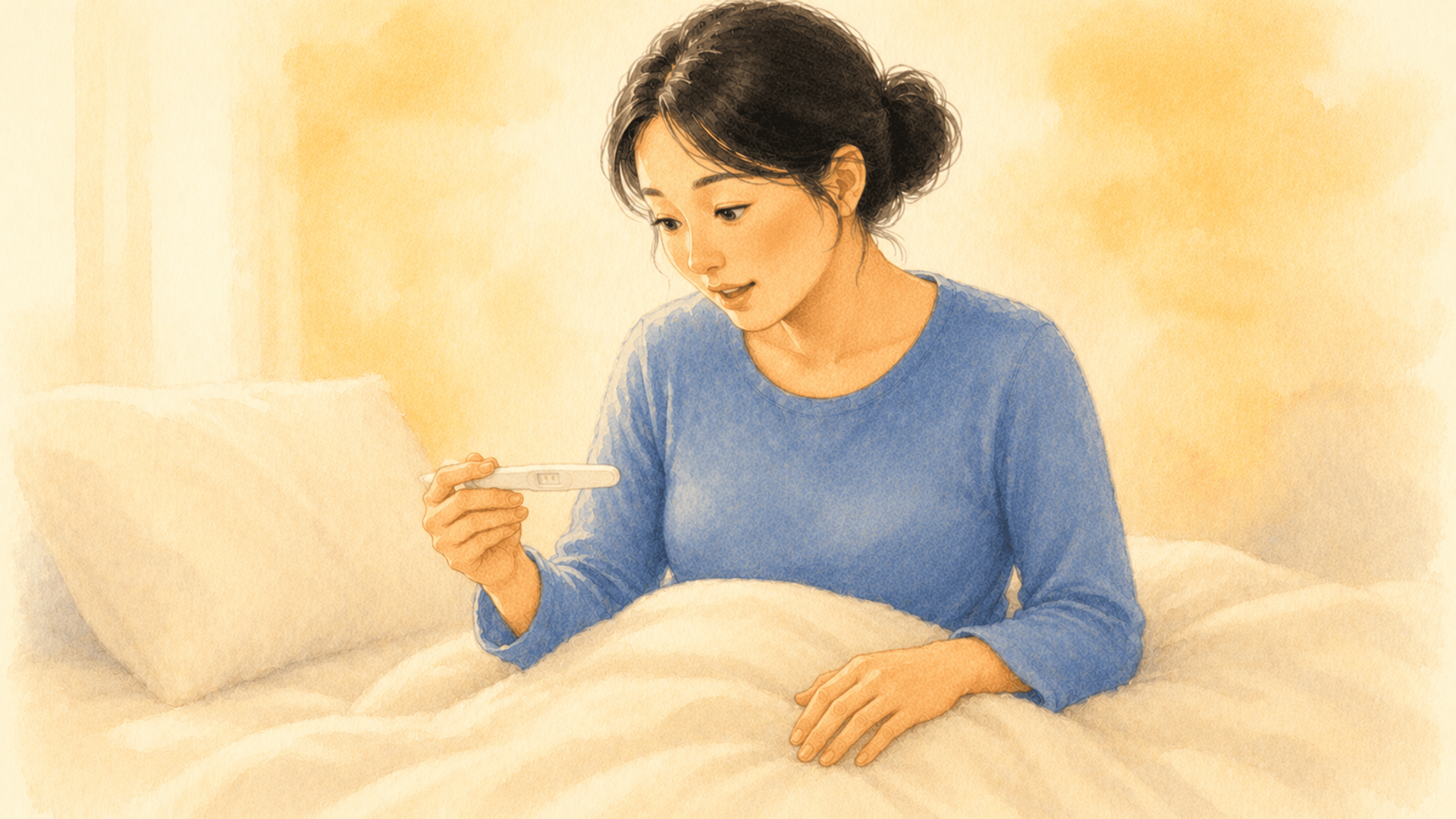 Woman in early pregnancy sitting on a bed, looking at a positive pregnancy test — illustrating how prenatal brain development begins before most women know they're pregnant