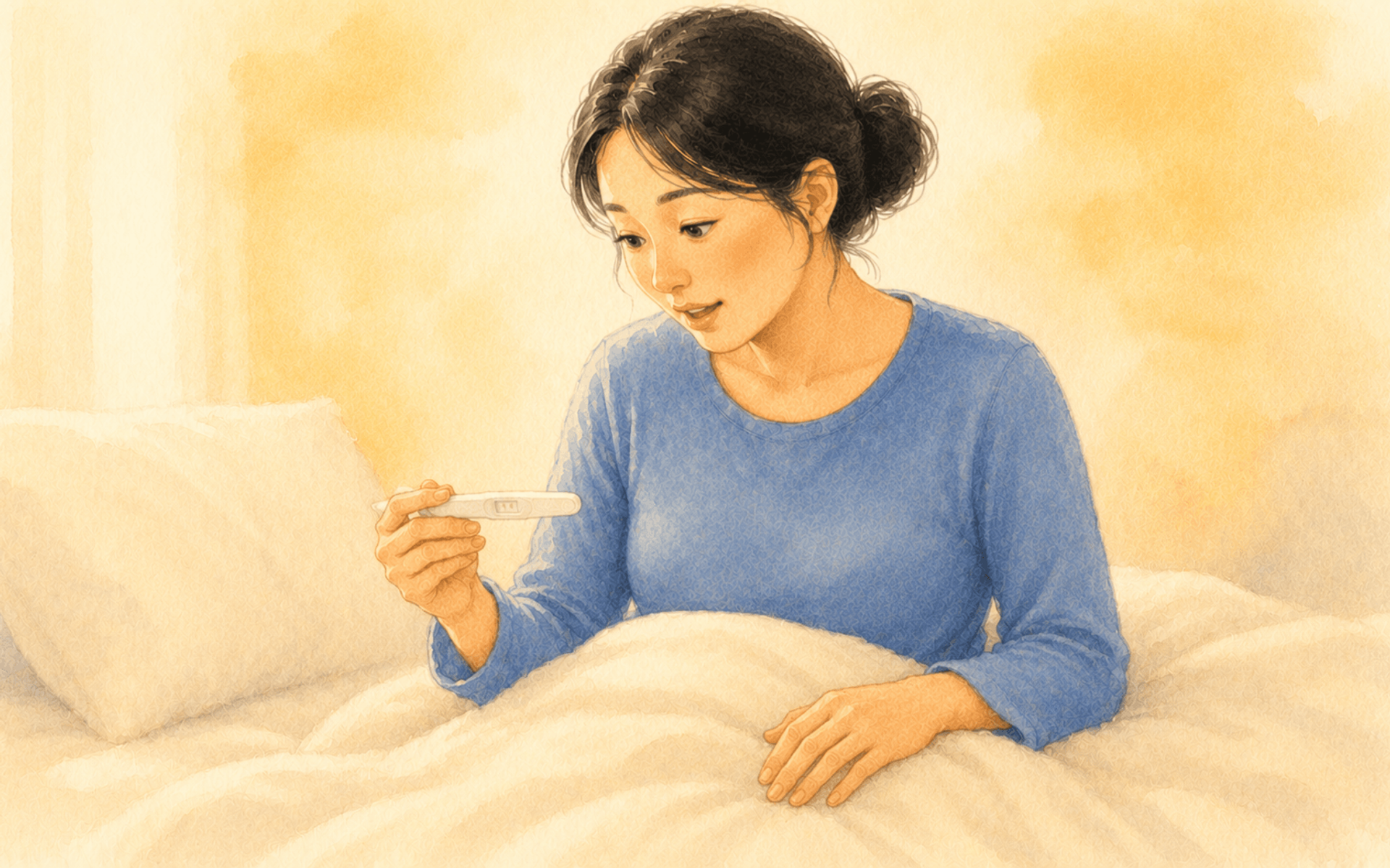 Woman in early pregnancy sitting on a bed, looking at a positive pregnancy test — illustrating how prenatal brain development begins before most women know they're pregnant