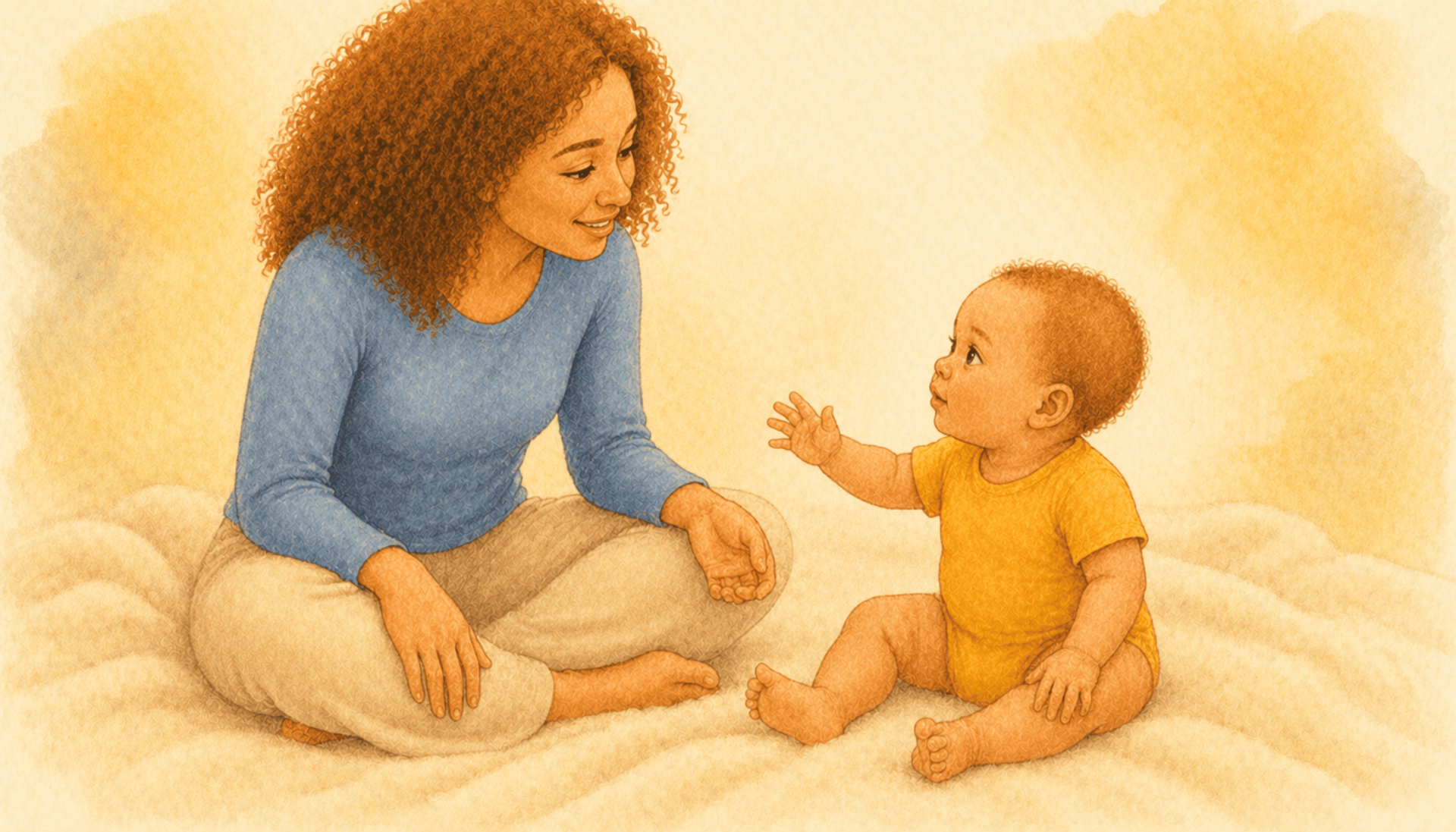 Mother with auburn curly hair sitting cross-legged on a cream blanket facing her 10-month-old baby — illustrating calm close play during separation anxiety in babies