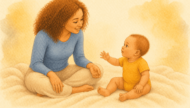 Mother with auburn curly hair sitting cross-legged on a cream blanket facing her 10-month-old baby — illustrating calm close play during separation anxiety in babies