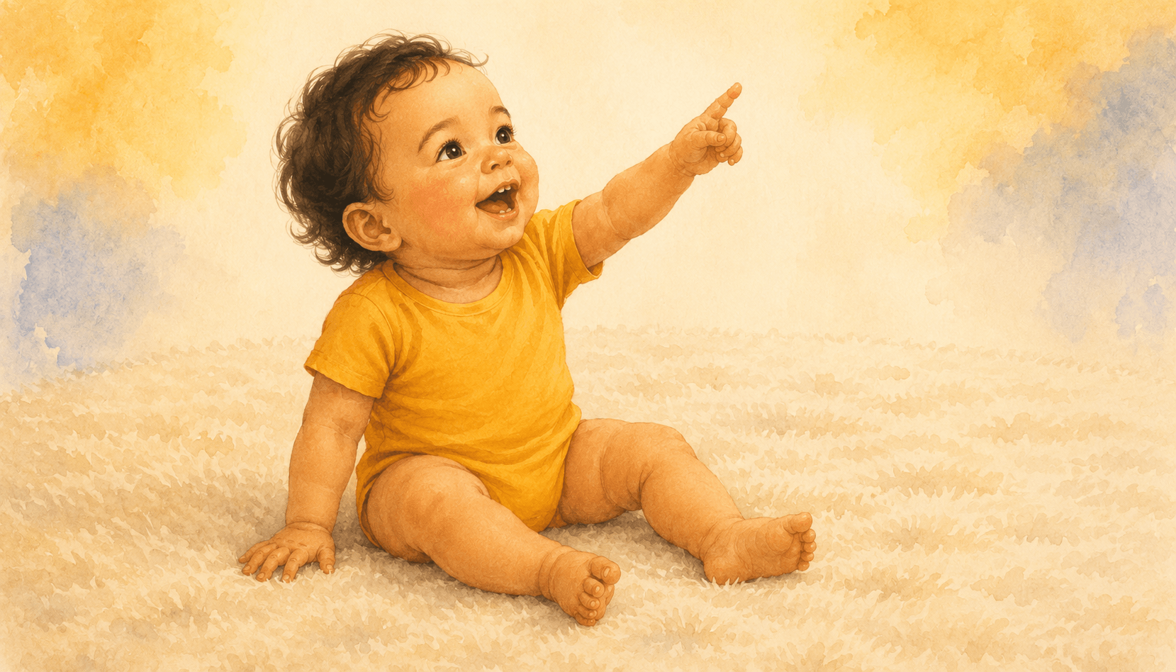 Twelve-month-old baby with olive skin sitting upright on a cream rug pointing index finger upward with a wide open-mouthed smile — declarative pointing at 12 months