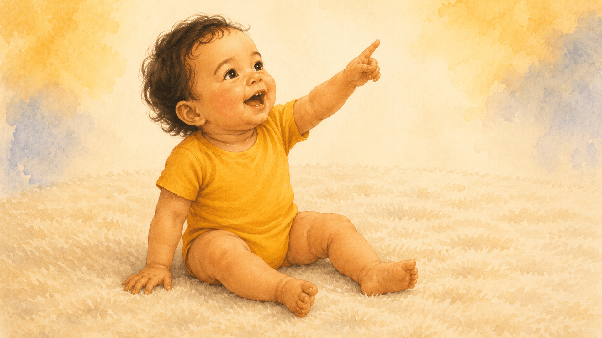 Twelve-month-old baby with olive skin sitting upright on a cream rug pointing index finger upward with a wide open-mouthed smile — declarative pointing at 12 months