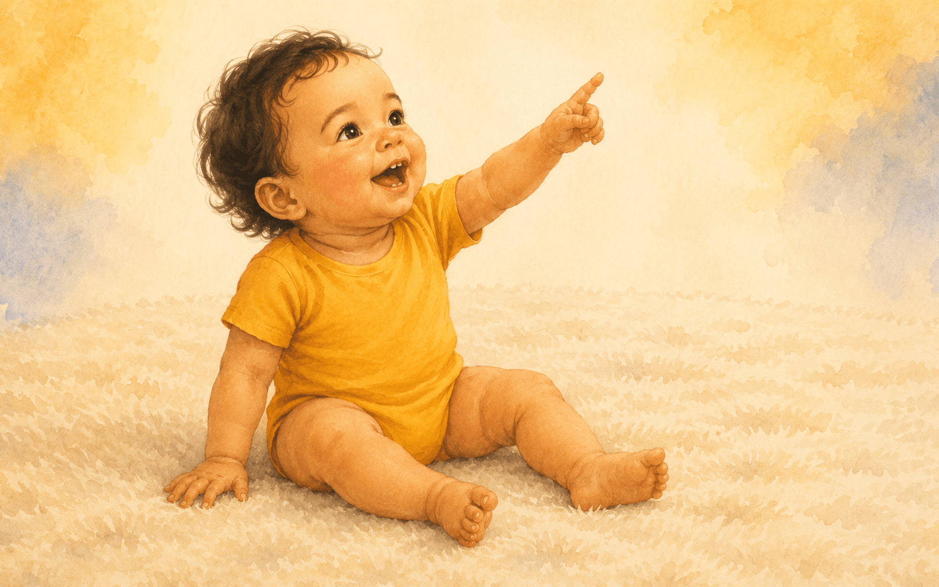Twelve-month-old baby with olive skin sitting upright on a cream rug pointing index finger upward with a wide open-mouthed smile — declarative pointing at 12 months