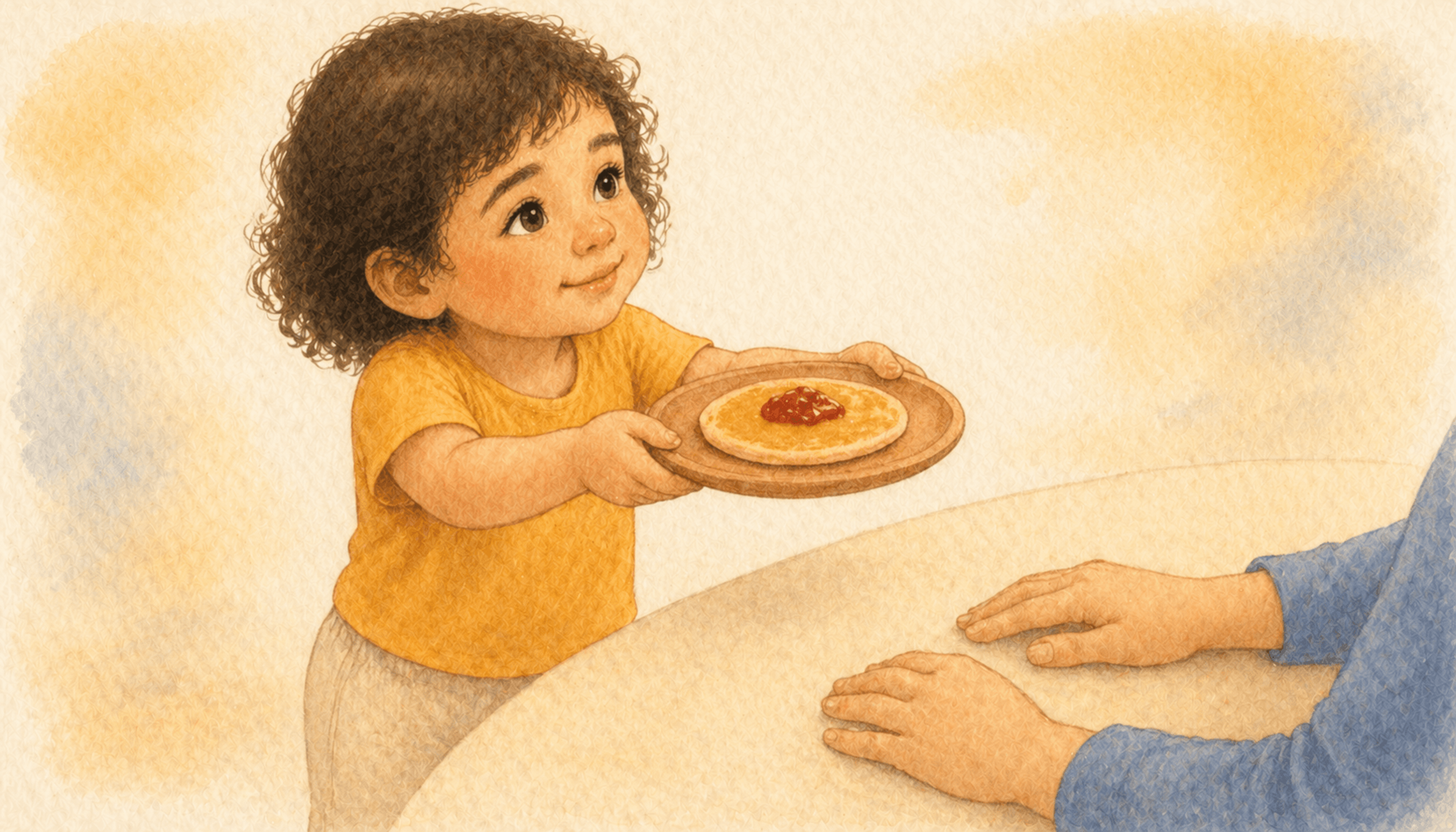 Two-and-a-half-year-old offering a wooden plate with a single pancake to mother seated at the table — receiving without performing on Mother's Day