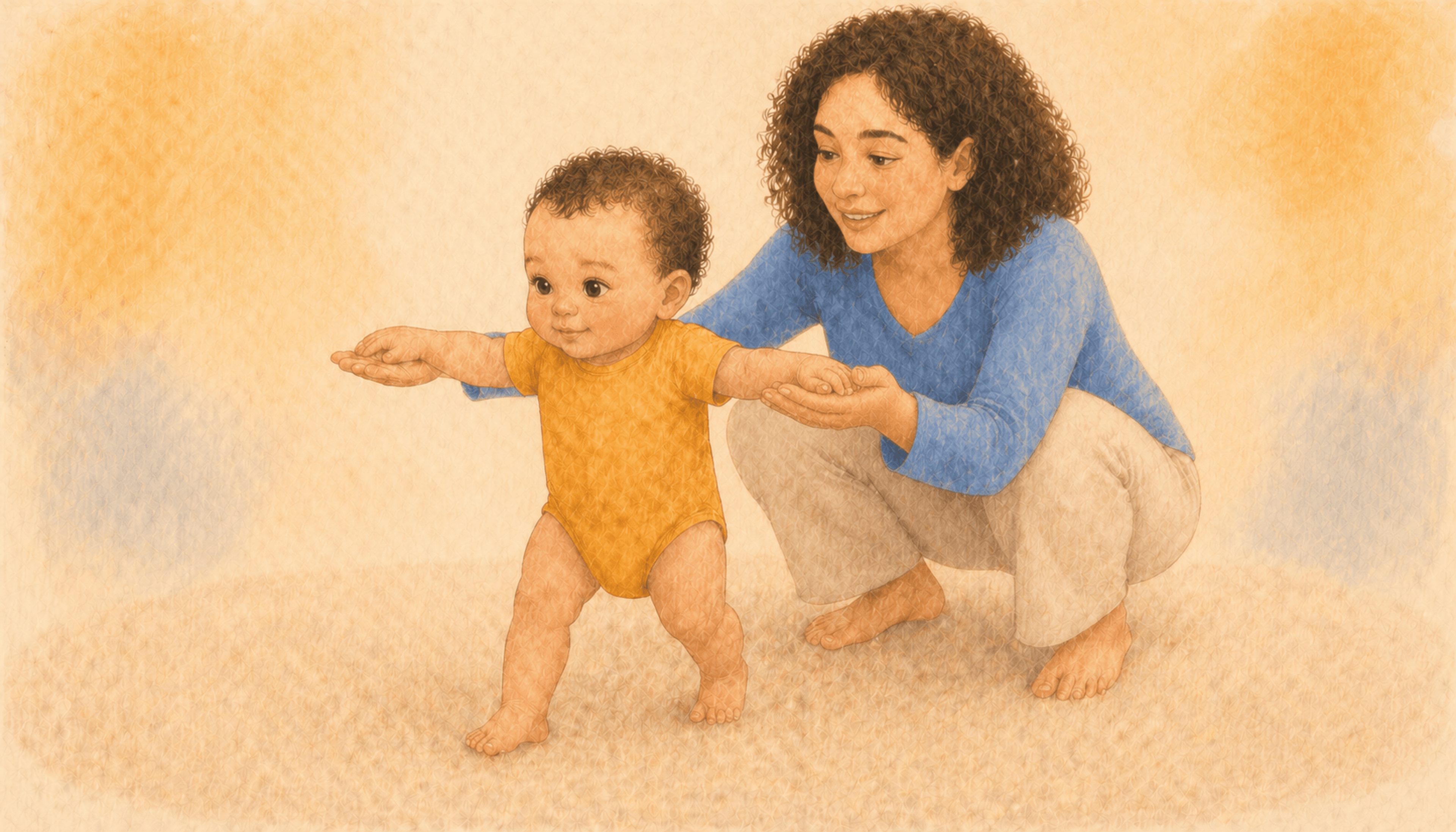 Mother in a low crouch behind a twelve-month-old baby with both hands held low at the baby's chest height as the baby walks with arms spread out for balance — safe handheld support technique for new walkers