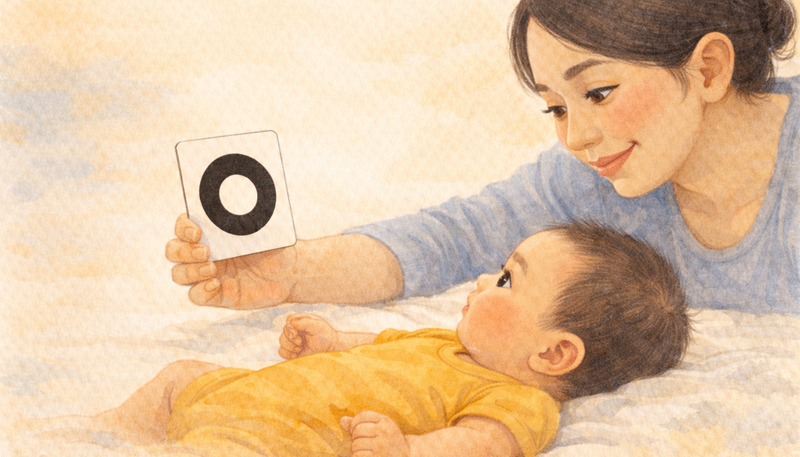 Newborn baby looking at bold black and white card at 8-12 inches — how to use high contrast cards