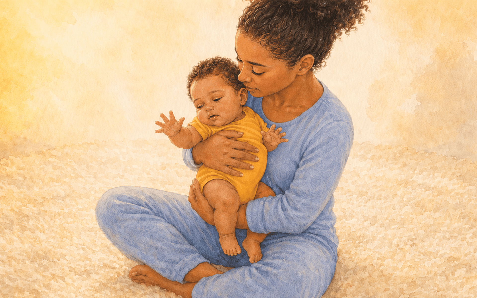 Mother holding a 3-month-old baby showing early overstimulation signs — fingers splayed wide and eyes half-closed