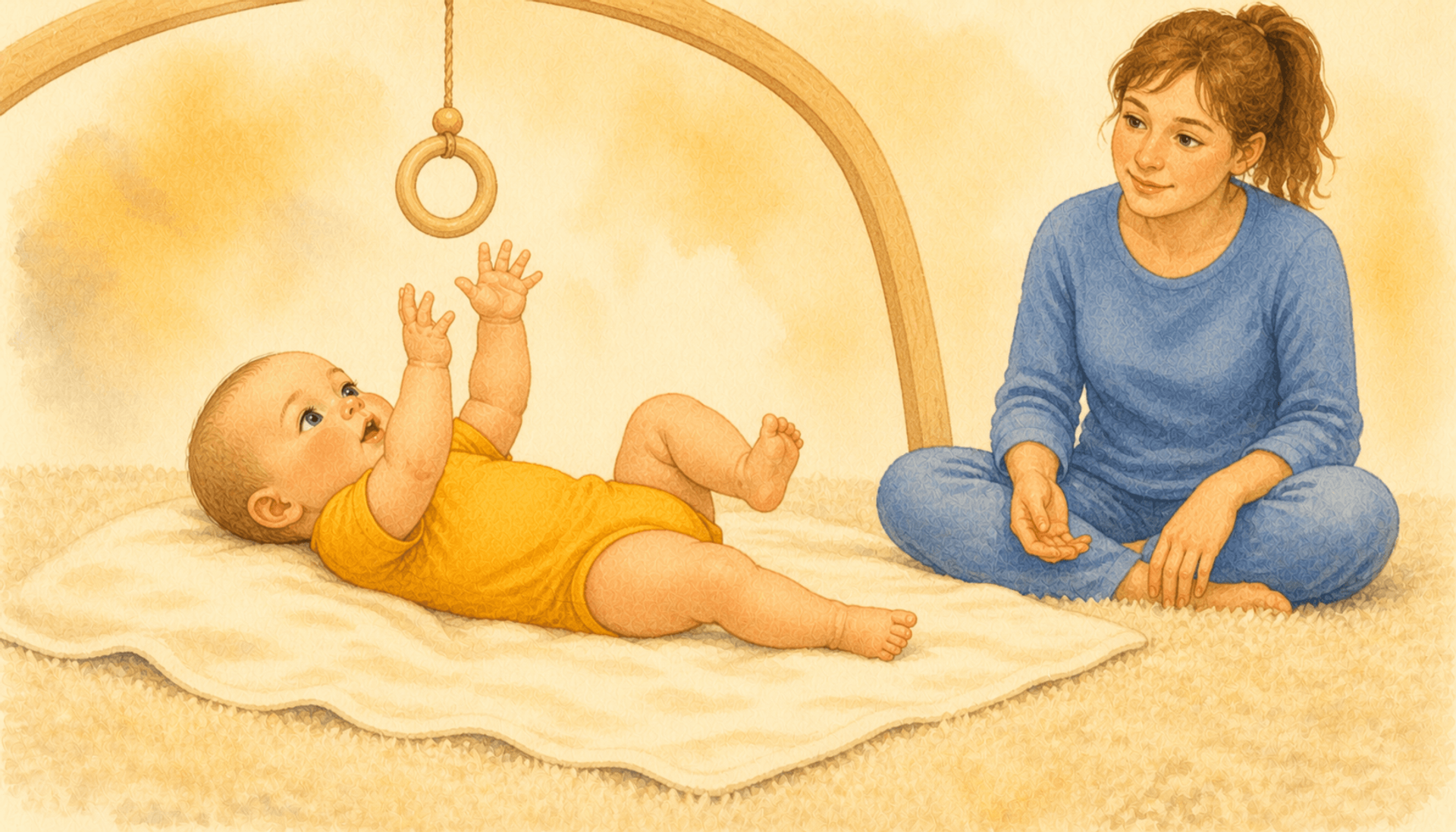 Five-month-old baby on back on cream blanket reaching up toward wooden ring on play arch with mother sitting cross-legged nearby watching — unstructured floor time that supports rolling milestones