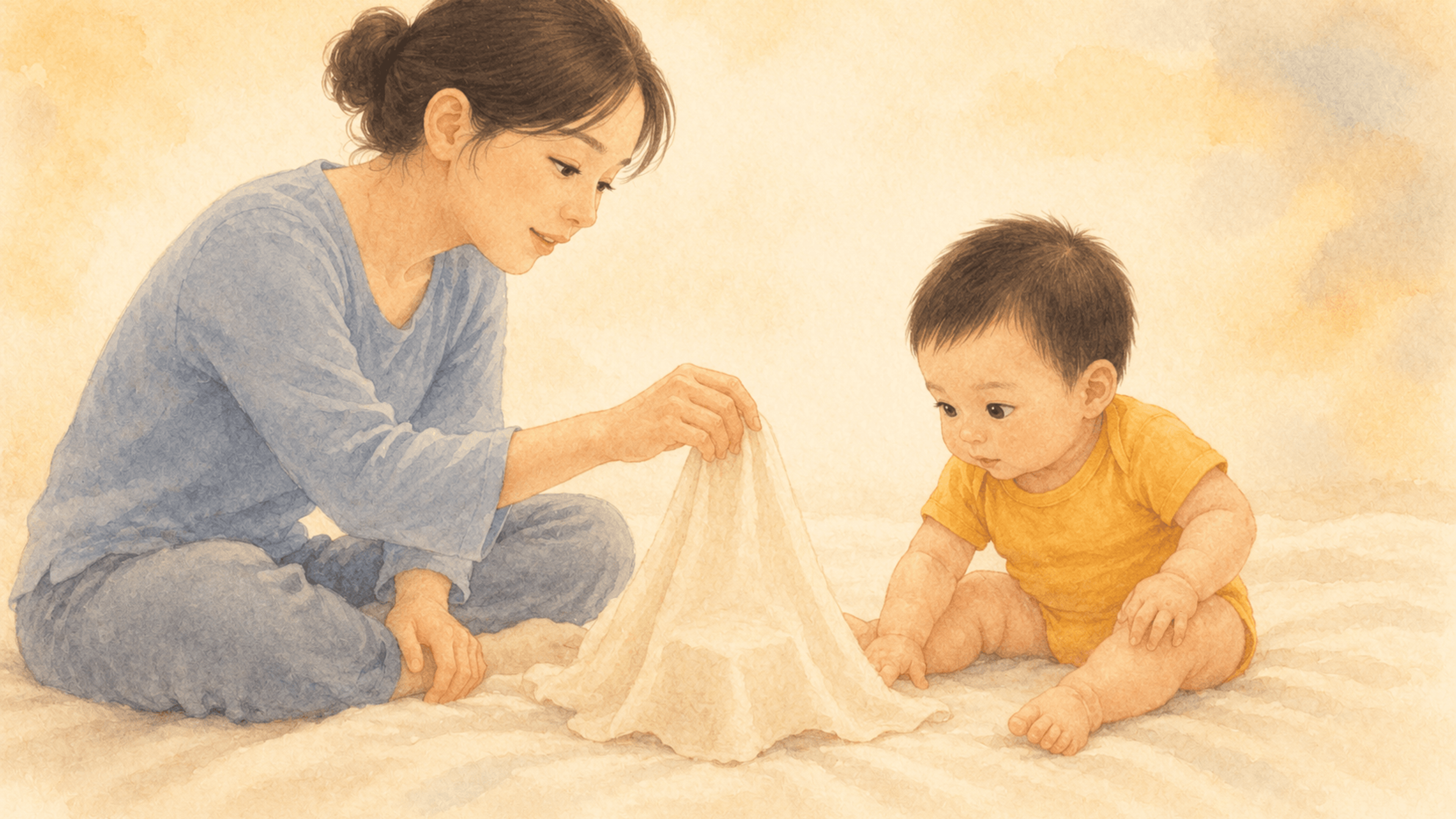 Mother hiding a small toy under a muslin cloth while 8-month-old baby watches intently — demonstrating object permanence development