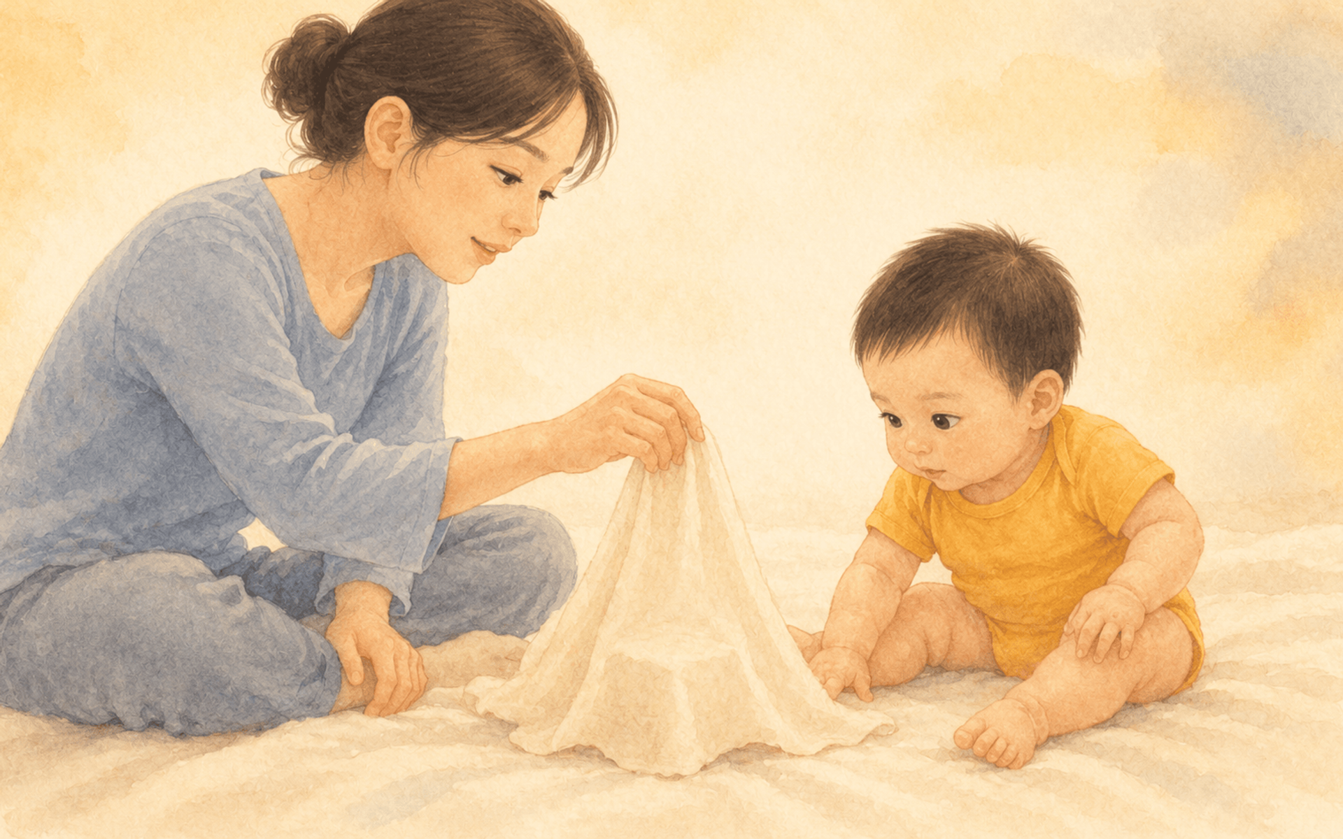 Mother hiding a small toy under a muslin cloth while 8-month-old baby watches intently — demonstrating object permanence development