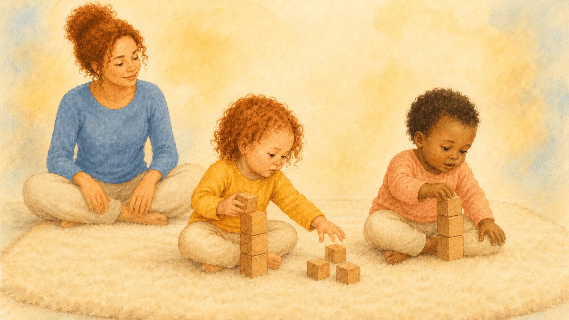 Two toddlers sitting side by side on a playmat each building their own block tower while a mother watches calmly in the background — parallel play toddler development
