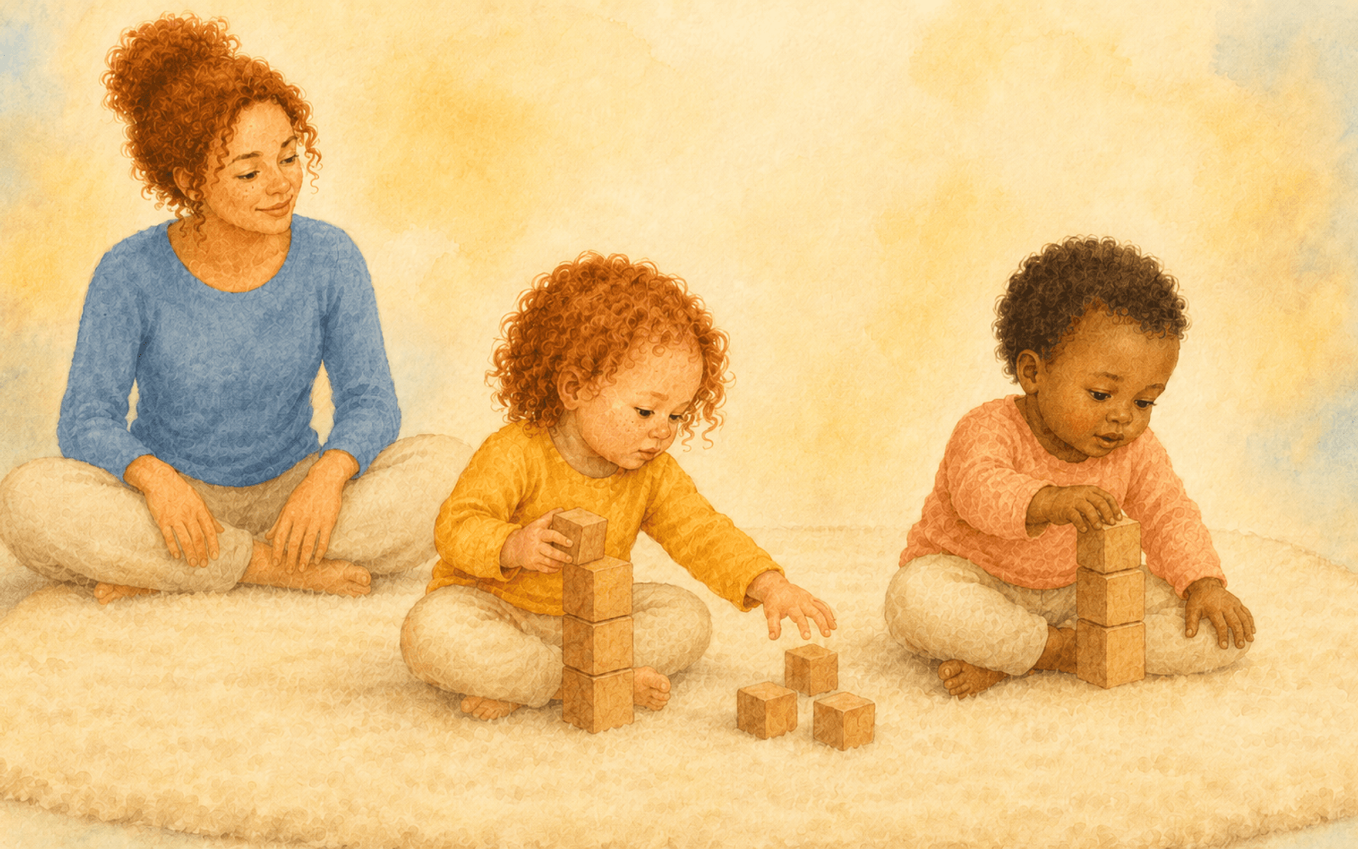 Two toddlers sitting side by side on a playmat each building their own block tower while a mother watches calmly in the background — parallel play toddler development