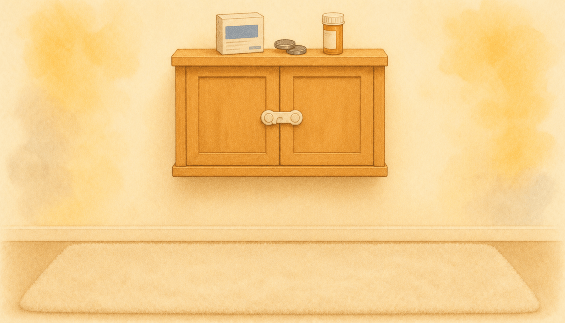 A latched wall cabinet with medicine, button batteries, and a capped bottle stored up high and a clear floor below — locking up swallowable hazards when baby proofing