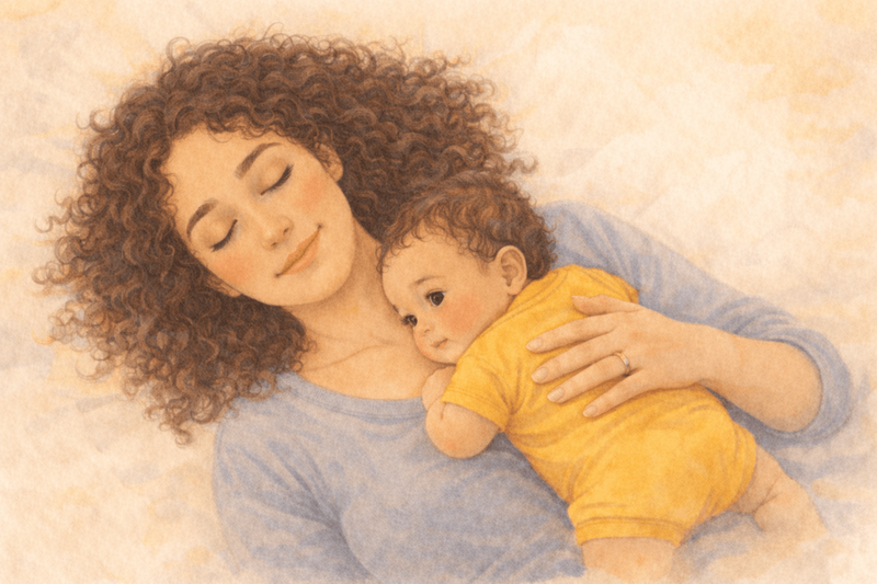 Watercolor illustration of a mother lying on her back with baby resting on her chest, both calm and still