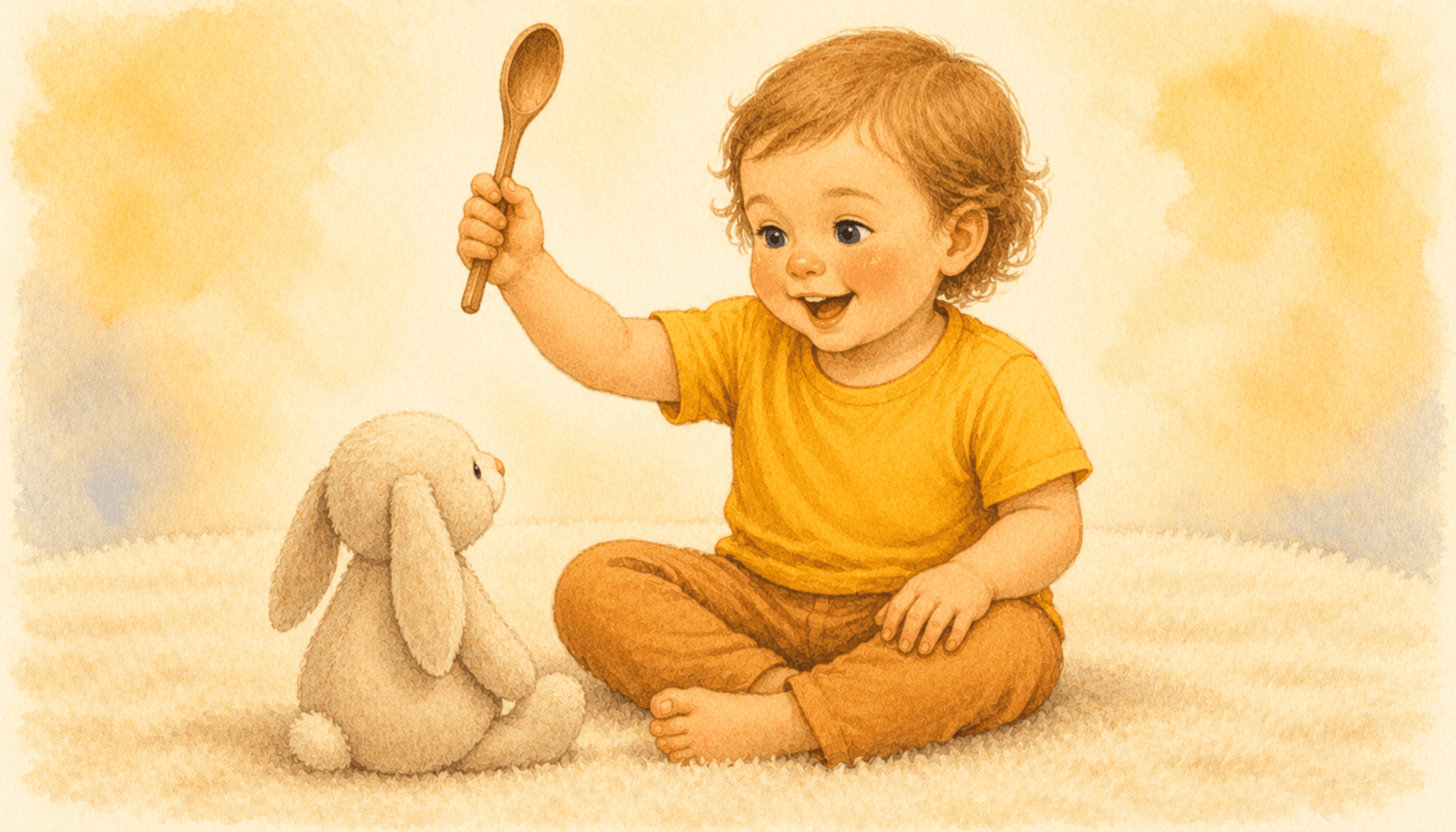 Two-year-old holding a wooden spoon upright like a conductor's baton with a stuffed rabbit as the audience — symbolic play activity for a 2 year old at home