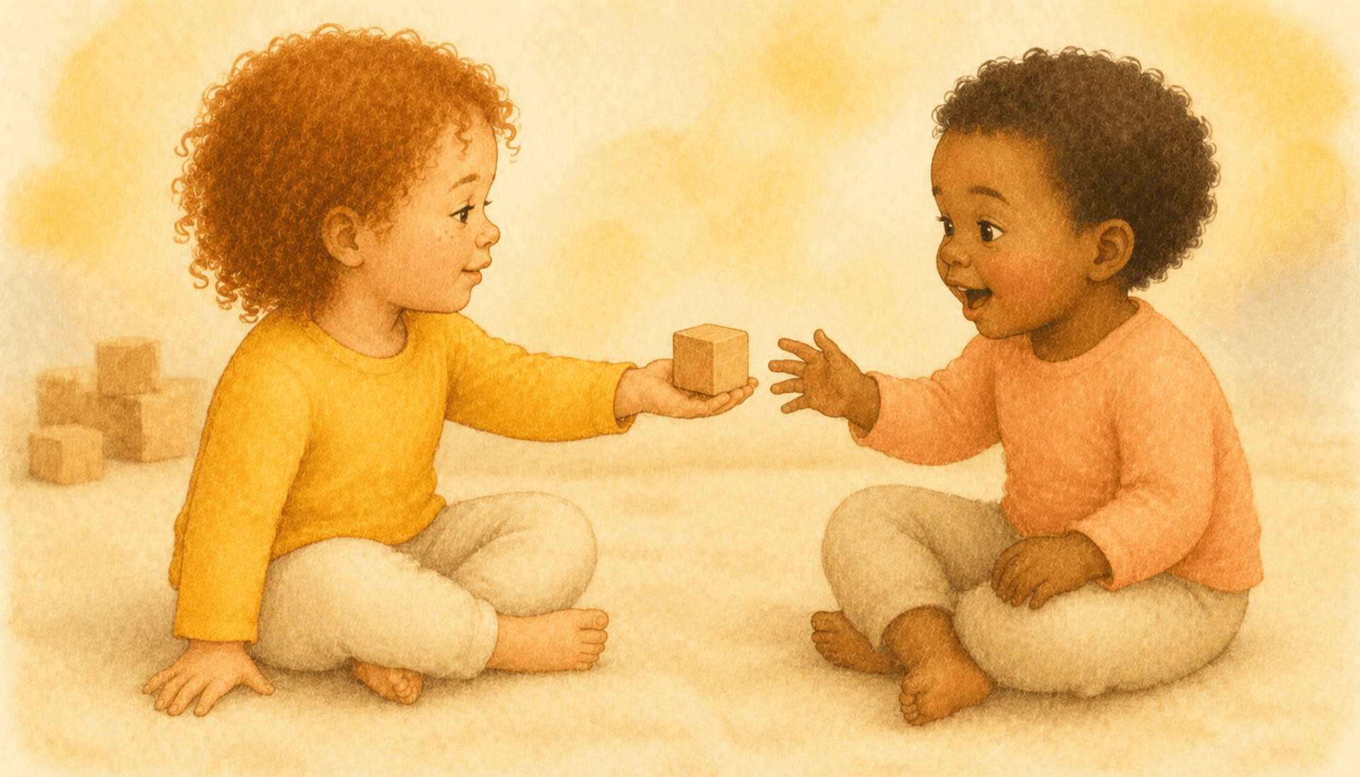 Toddler reaching out to offer a wooden block to a nearby peer — the moment parallel play begins to transition toward social play in child development
