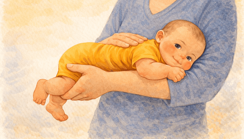 Parent holding baby face-down along forearm in football hold — tummy-down carry position