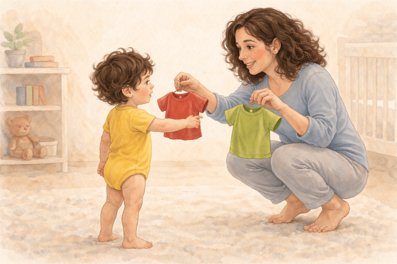 Mother crouching to toddler eye level offering two shirt choices — autonomy supportive parenting