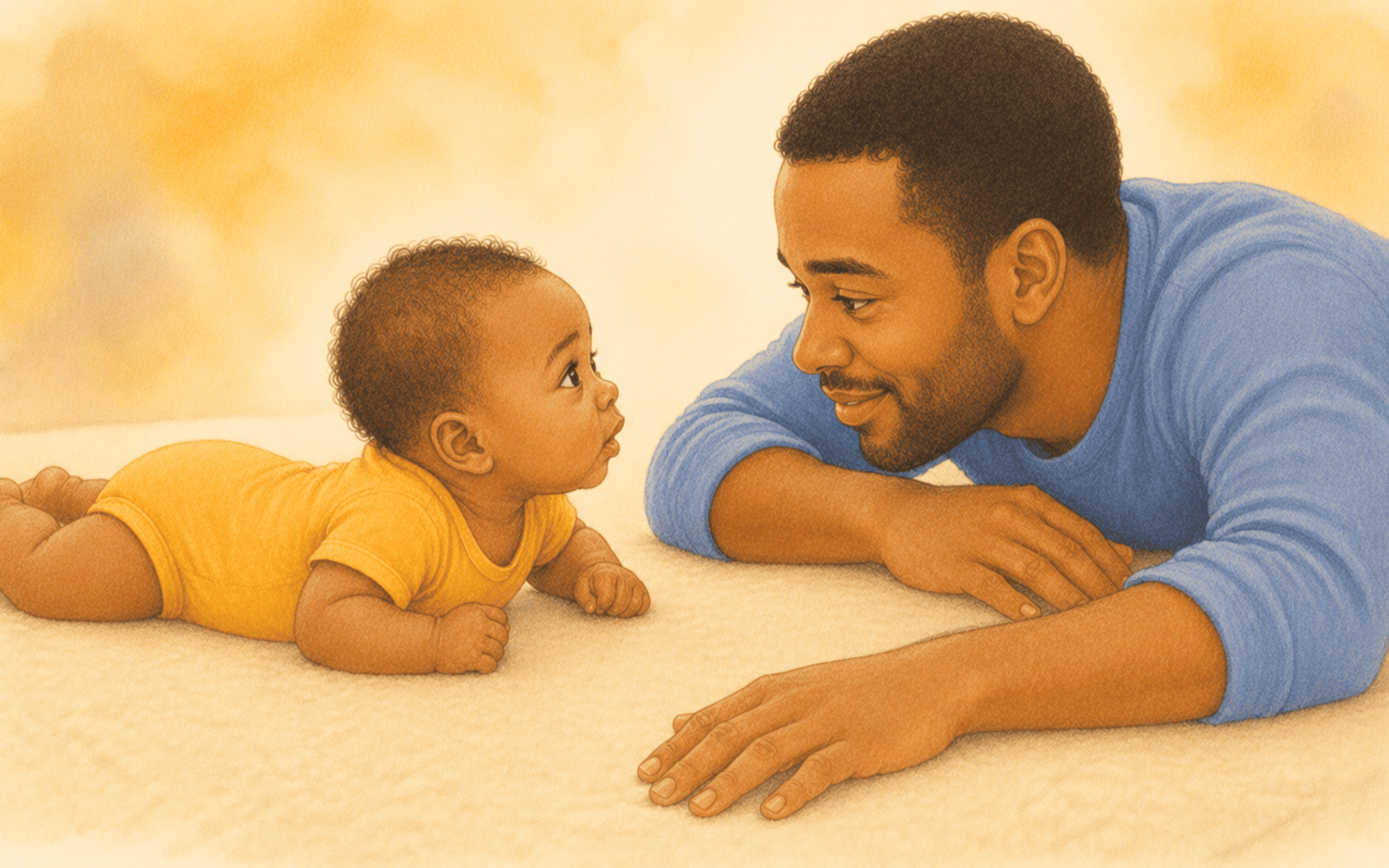 Two-month-old baby doing tummy time on play mat, lifting chin toward father lying face-to-face on the floor — tummy time exercises for baby