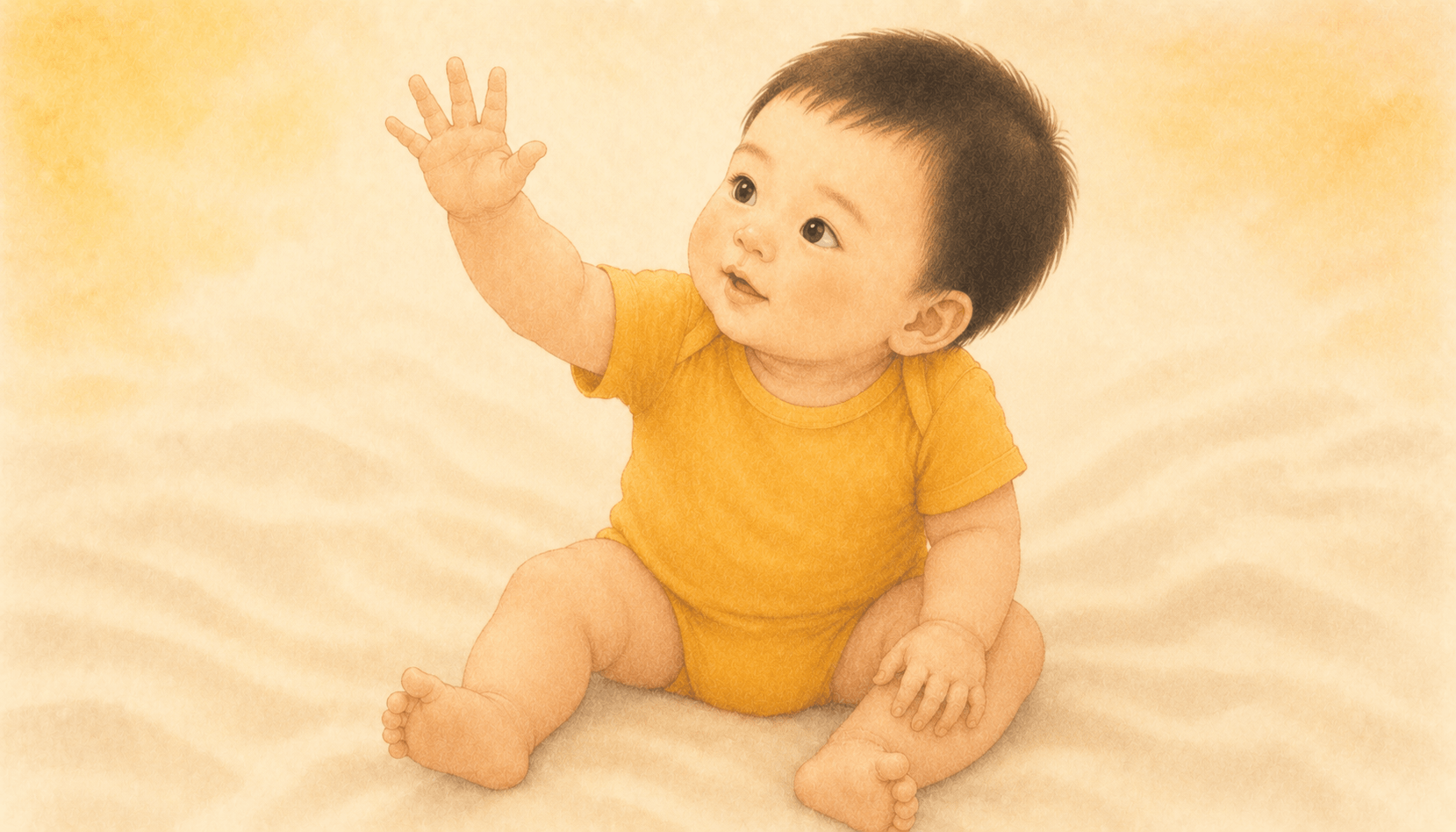 Close-up of a ten-month-old baby sitting on a cream blanket with one arm raised in a wave gesture — baby waving bye-bye milestone