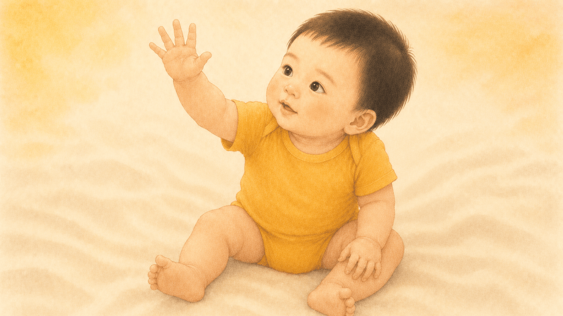 Close-up of a ten-month-old baby sitting on a cream blanket with one arm raised in a wave gesture — baby waving bye-bye milestone