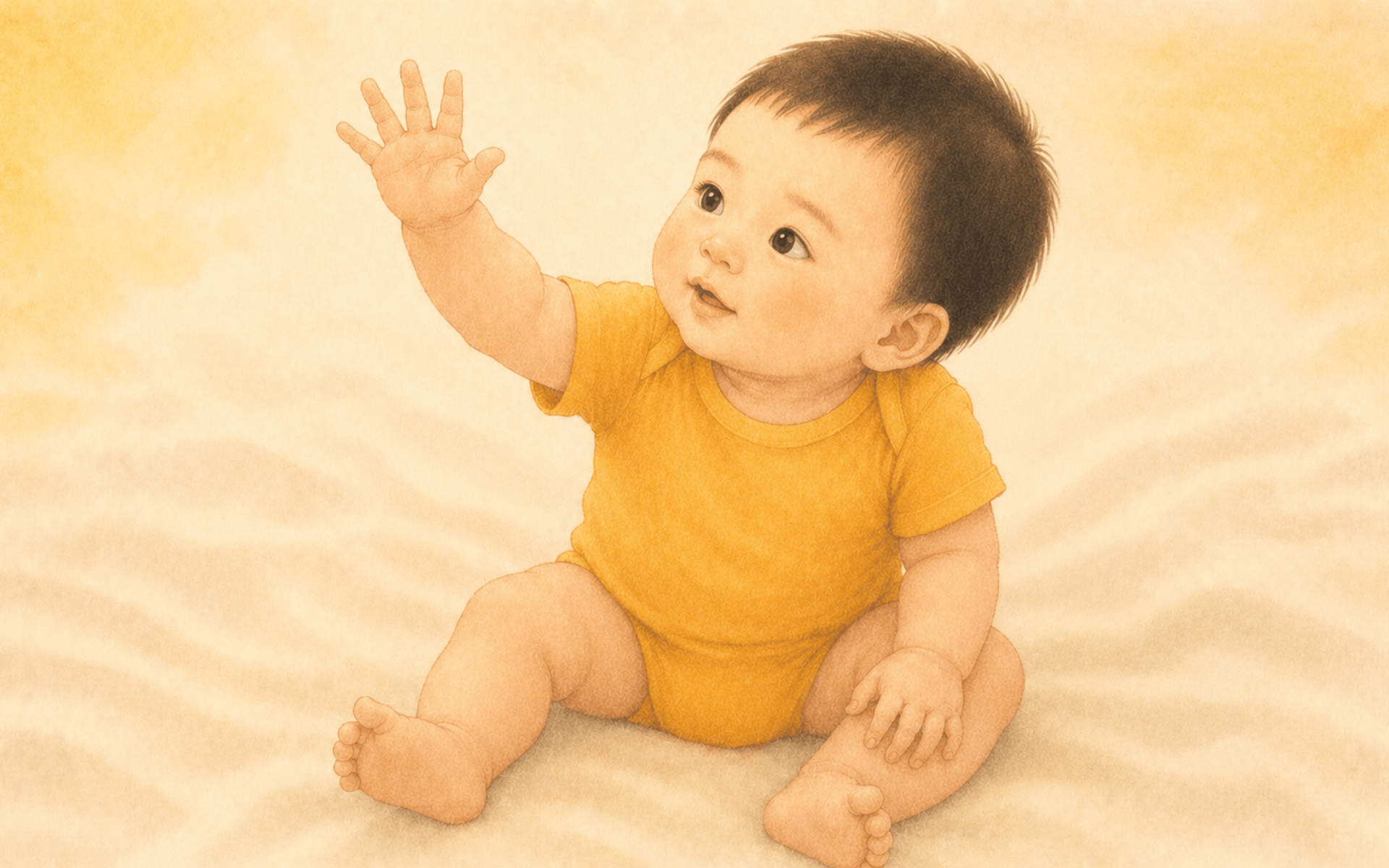 Close-up of a ten-month-old baby sitting on a cream blanket with one arm raised in a wave gesture — baby waving bye-bye milestone