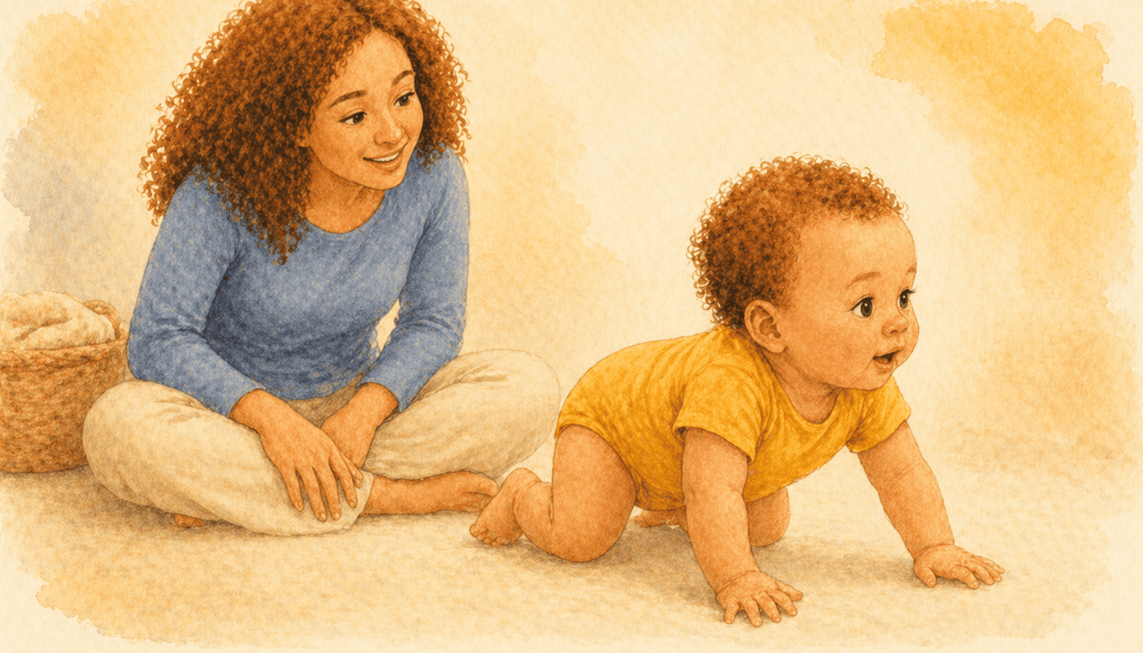 Mother with light brown skin watching her 7-month-old in golden yellow onesie rocking on hands and knees during pre-crawling stage on a cream surface