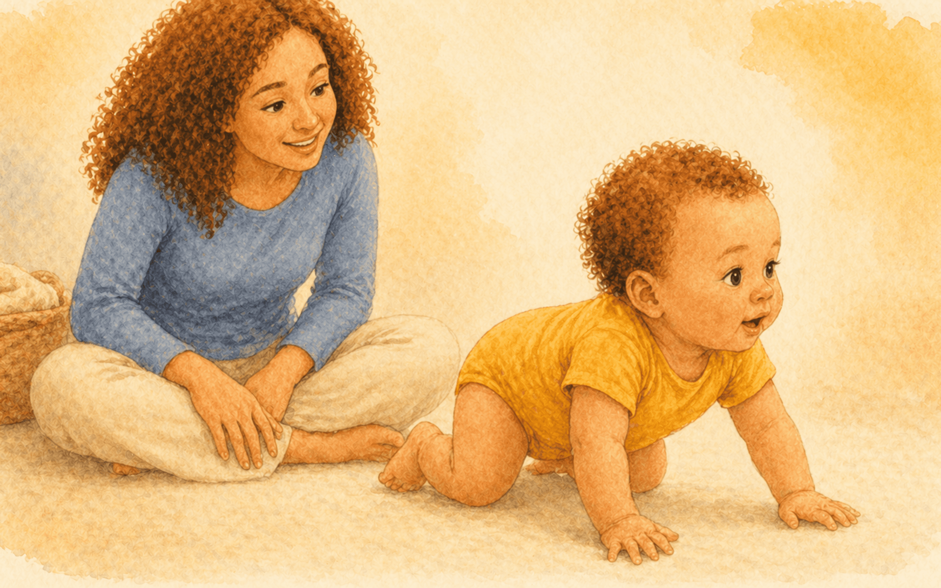 Mother with light brown skin watching her 7-month-old in golden yellow onesie rocking on hands and knees during pre-crawling stage on a cream surface