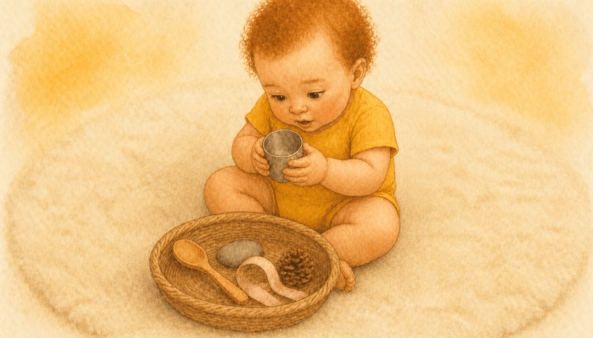 One-year-old baby sitting on a cream rug examining a small metal cup from a woven treasure basket — sensory exploration activity for 1 year old development