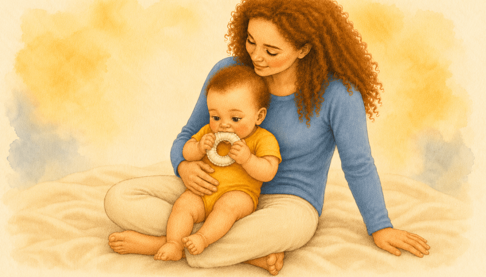 Five-month-old baby sitting supported in mother's lap and mouthing a soft fabric ring — supported sitting and object exploration for fine motor development