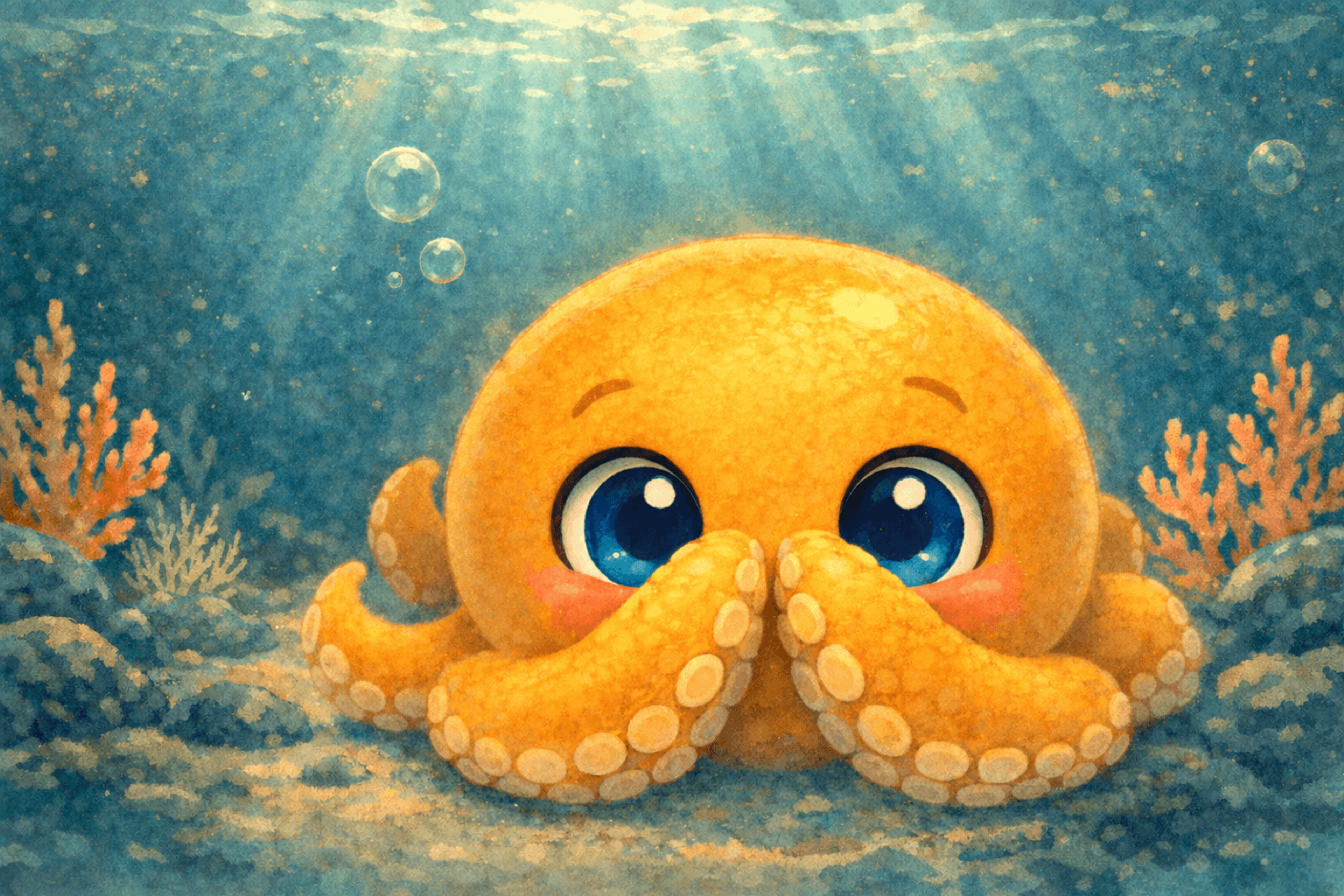 Nomi the octopus covering its face with tentacles, playing peekaboo.