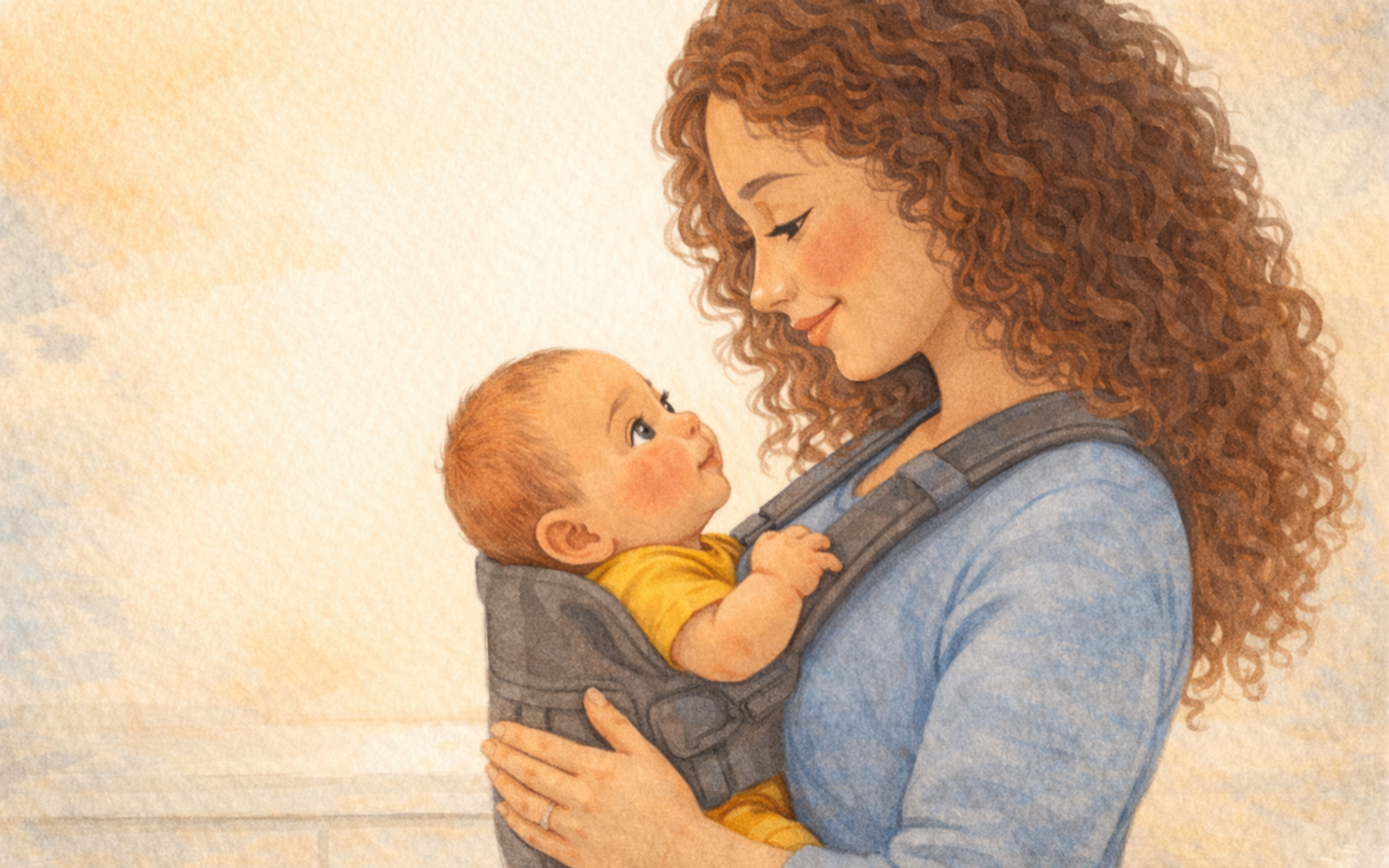 Mother wearing baby carrier in kitchen — screen-free activity while keeping hands free