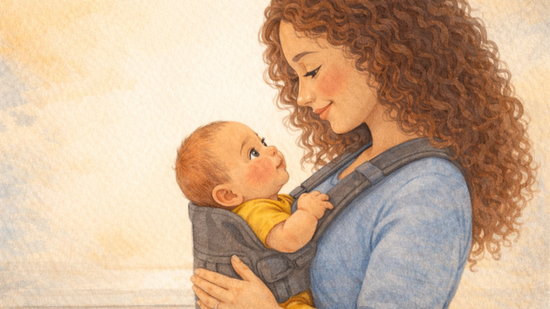 Mother wearing baby carrier in kitchen — screen-free activity while keeping hands free