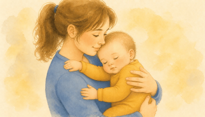 Mother holding drowsy eight-month-old baby upright against her shoulder, baby's eyes heavy — calm bedtime wind-down routine