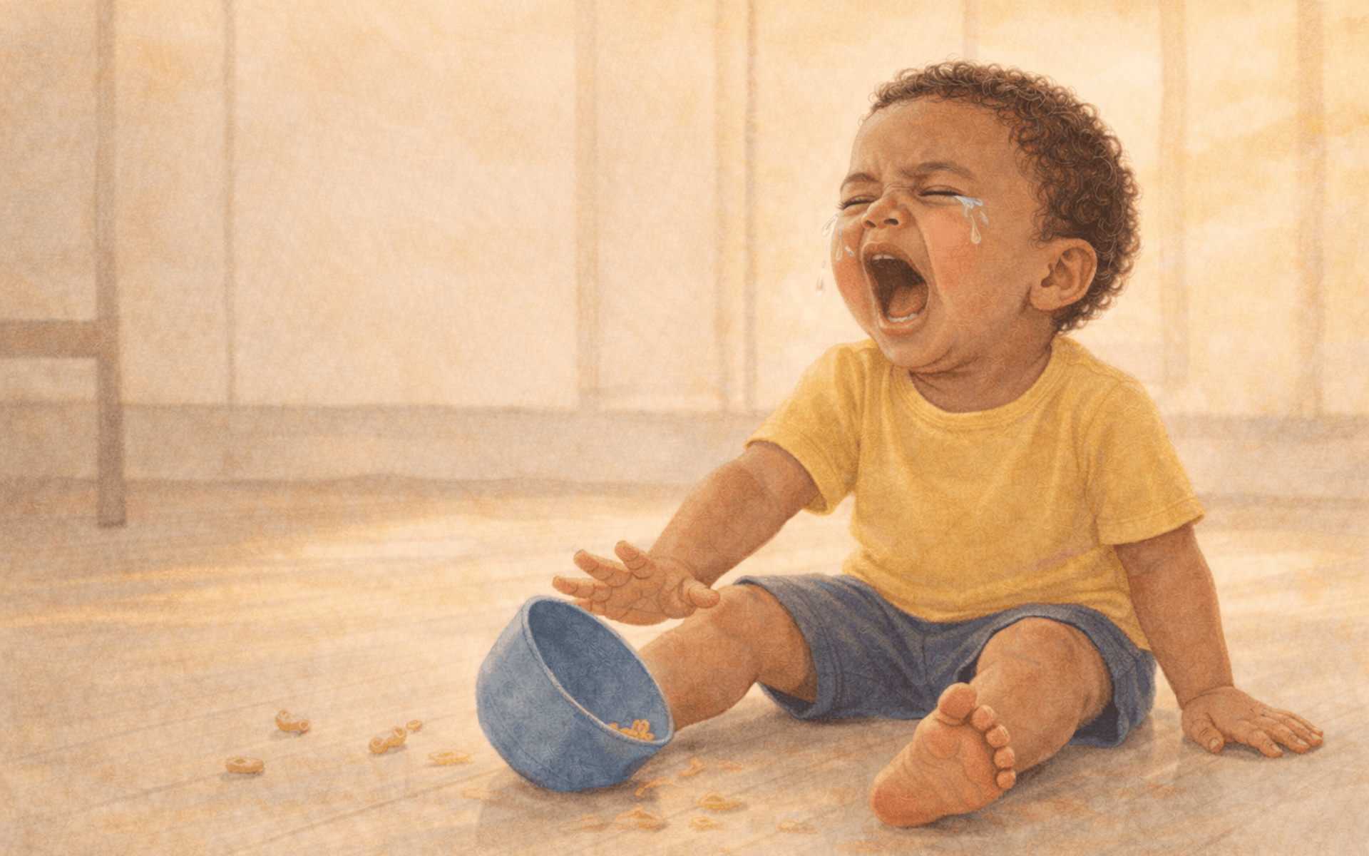 Toddler crying on kitchen floor next to tipped blue bowl — daily routine reduces tantrums