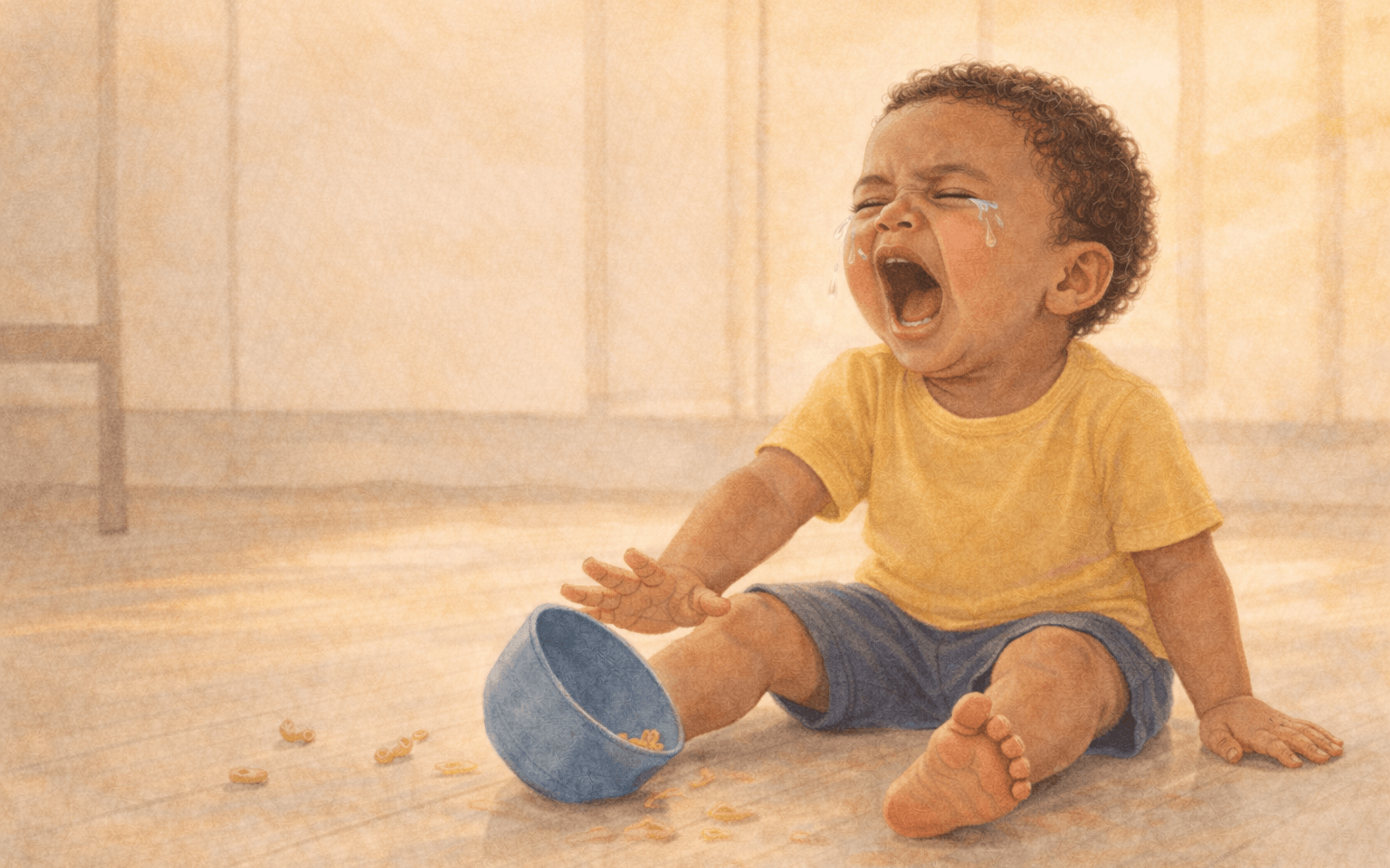 Toddler crying on kitchen floor next to tipped blue bowl — daily routine reduces tantrums