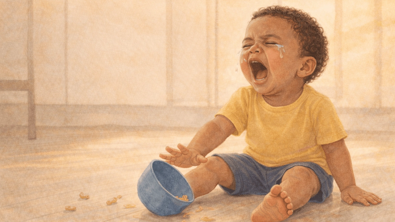 Toddler crying on kitchen floor next to tipped blue bowl — daily routine reduces tantrums