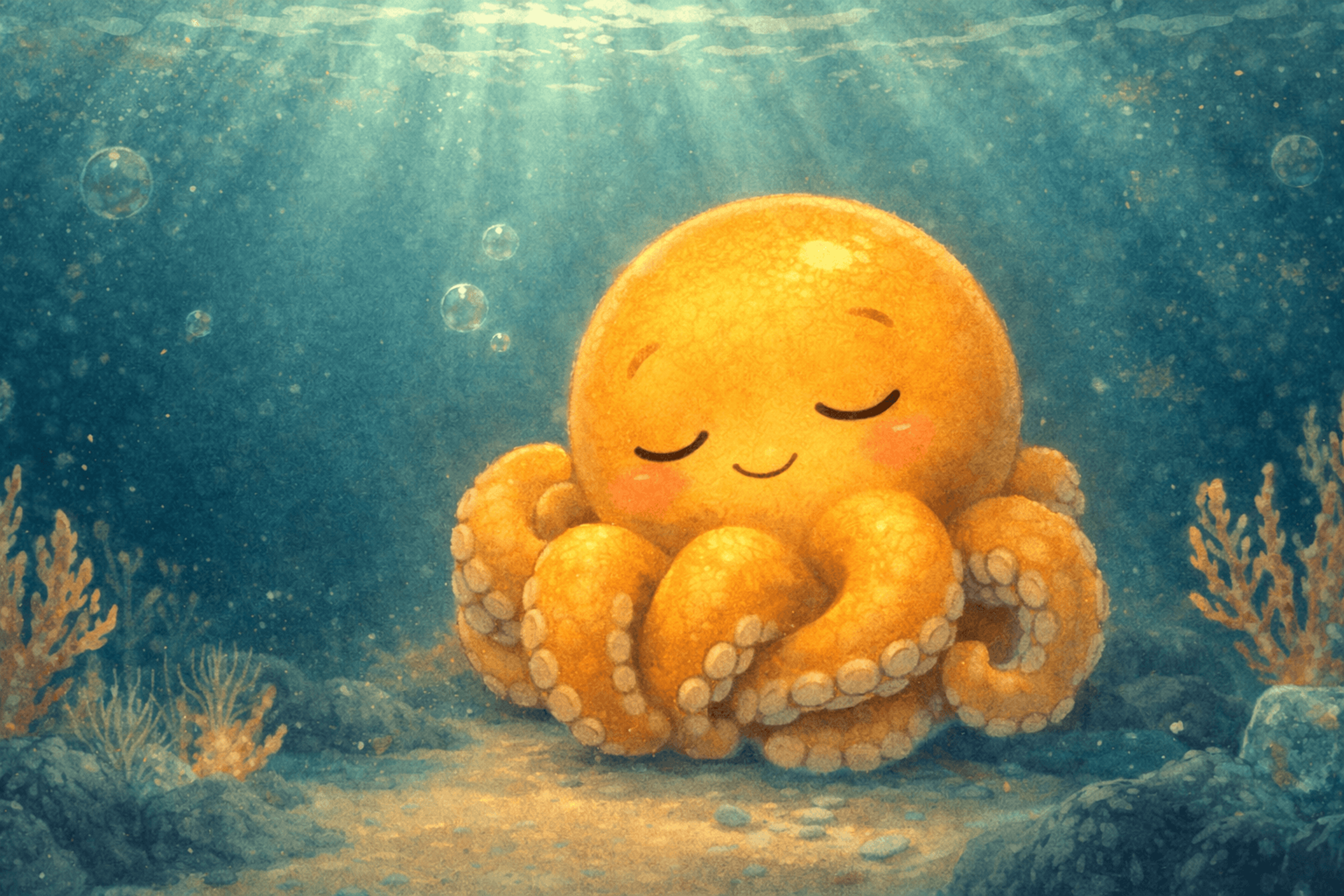 Nomi the octopus resting peacefully on the seafloor, eyes closed, soft smile.