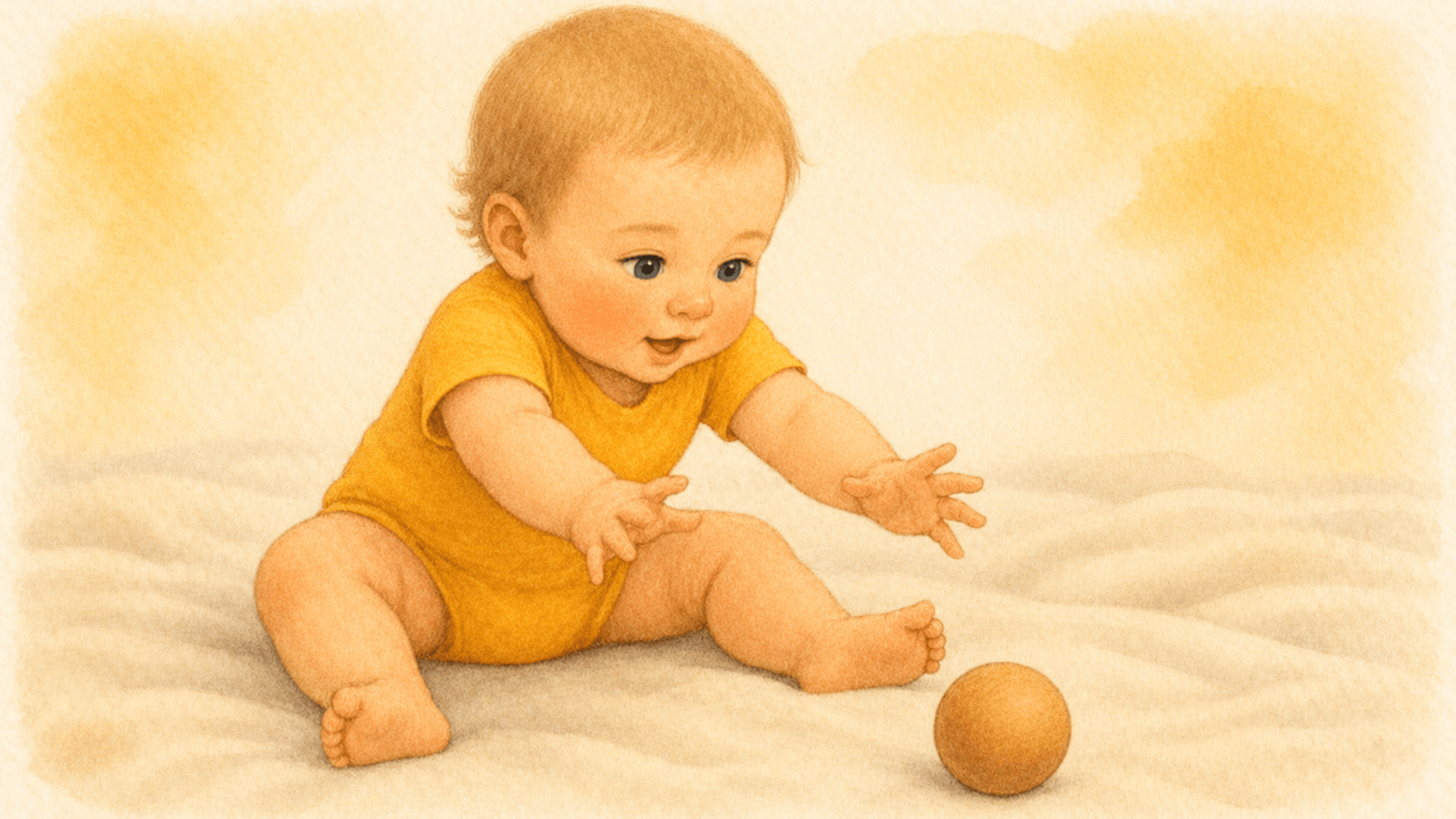 Nine-month-old baby sitting independently on a blanket reaching for a rolling wooden ball — predictive reaching as a hand eye coordination activity for babies
